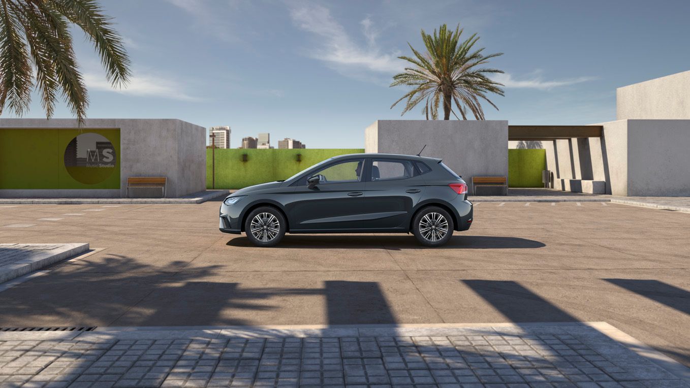 Ein grauer SEAT Ibiza steht seitlich auf einem Parkplatz 