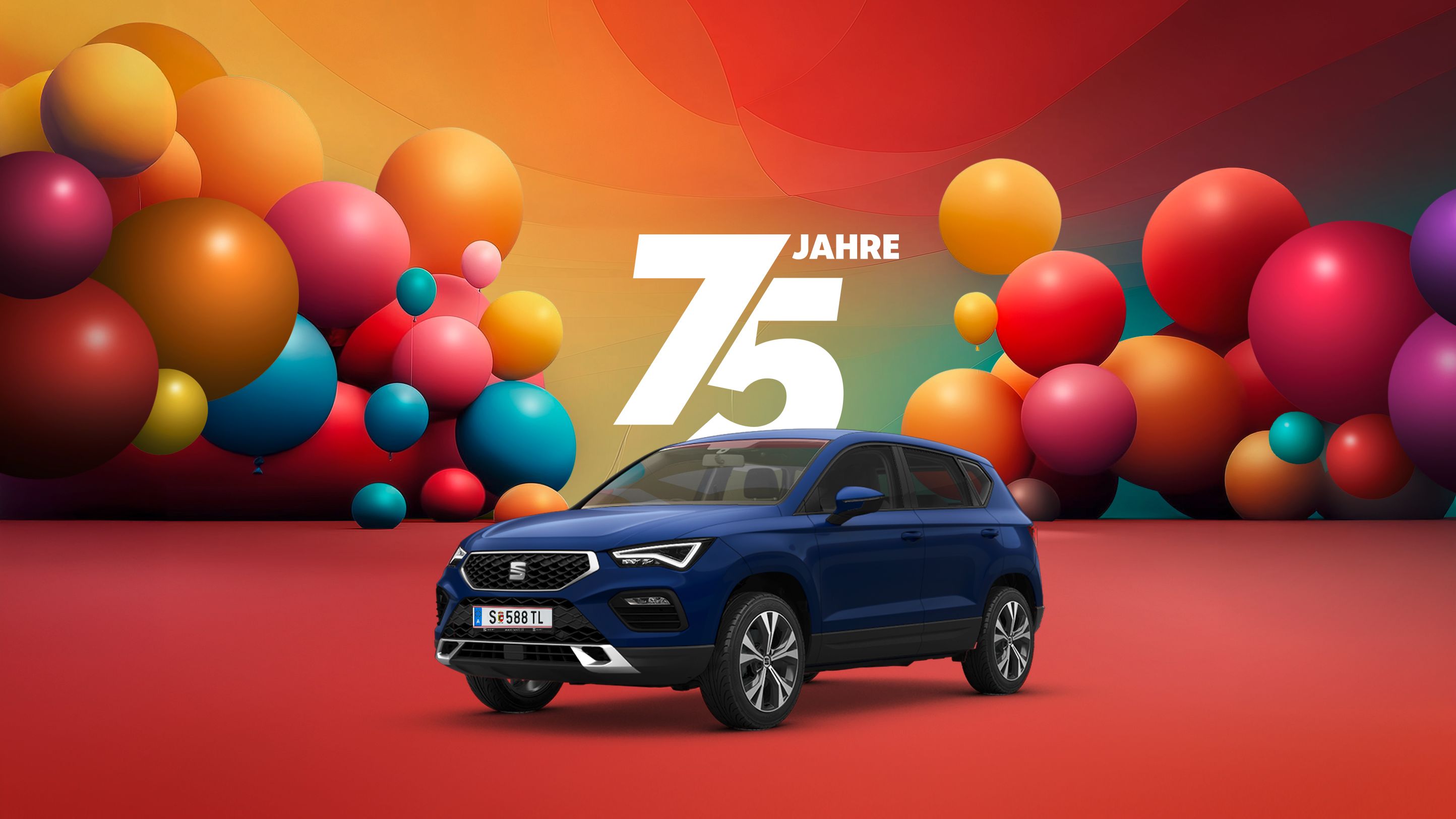 Jubiläumsangebot zum 75-jährigen Bestehen – farbenfrohe Luftballons und eine Darstellung von einem blauen SEAT Ateca