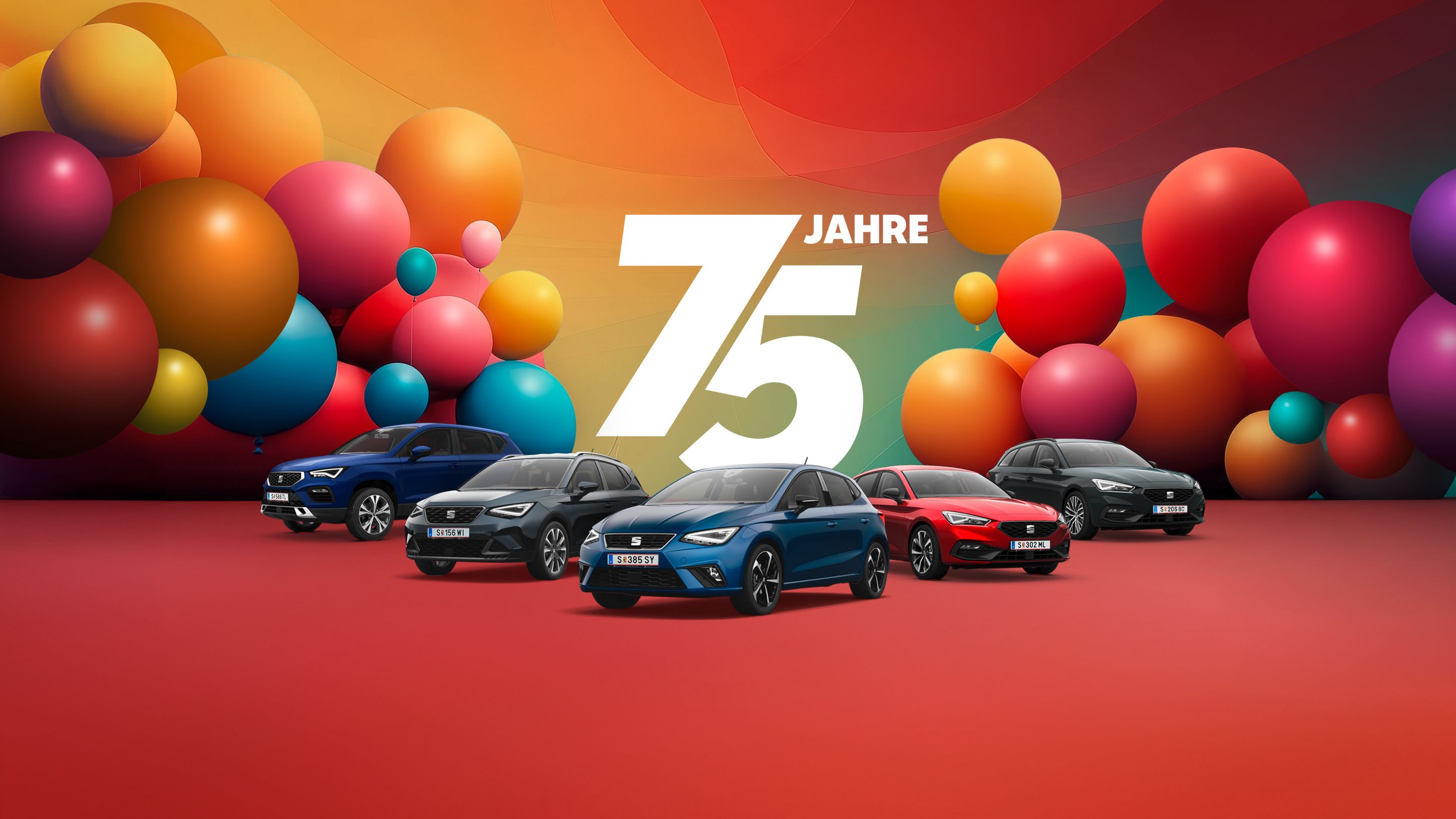 Jubiläumsangebot zum 75-jährigen Bestehen von SEAT – farbenfrohe Luftballons und eine Darstellung aller SEAT Modelle. 