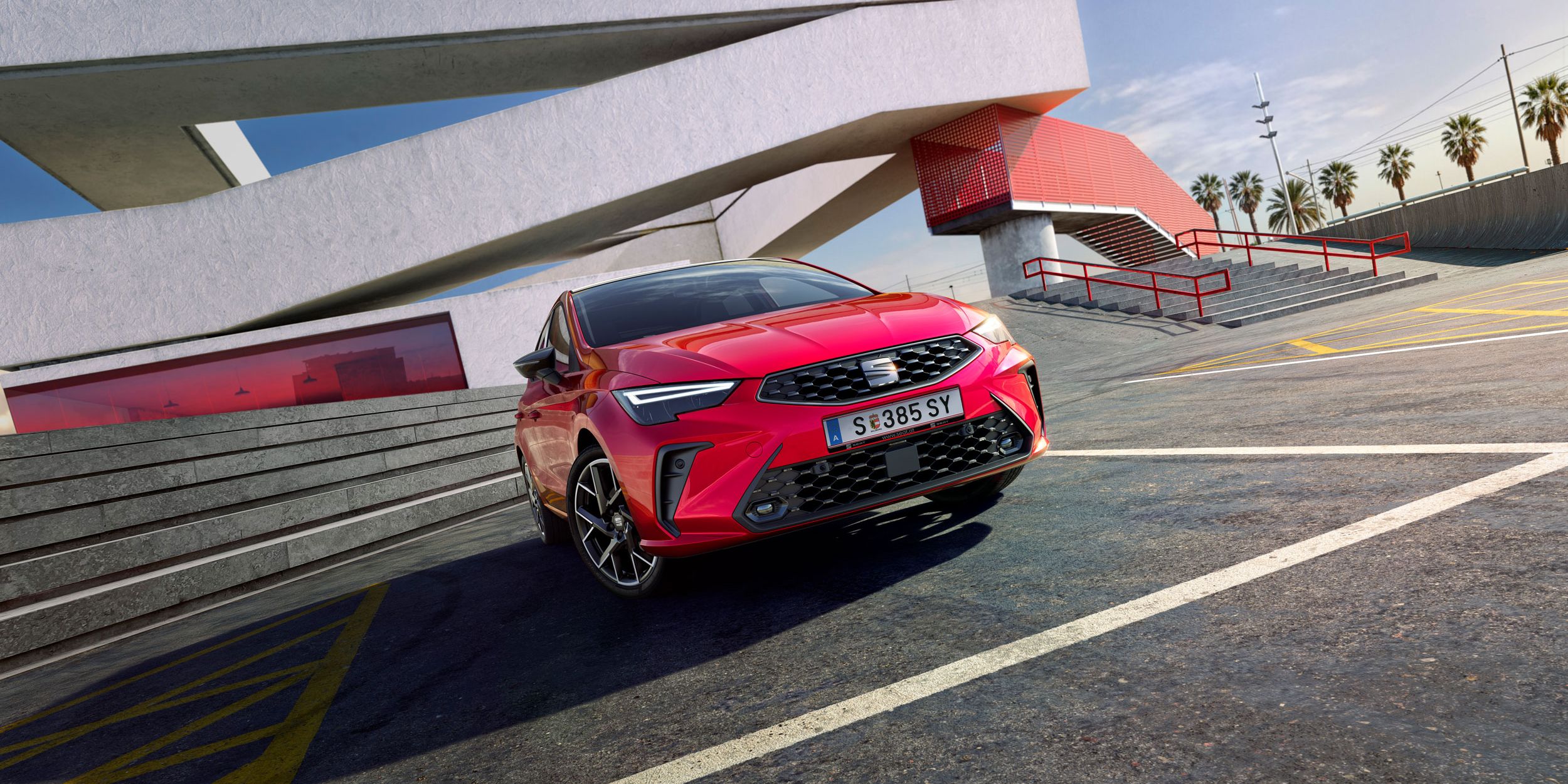 Gesamtansicht eines roten SEAT Ibiza 2025, im Freien geparkt