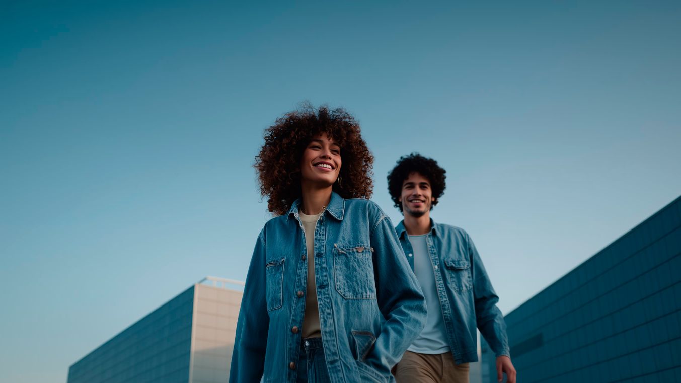 Frau und Mann in Jeanshemden vor Gebäude
