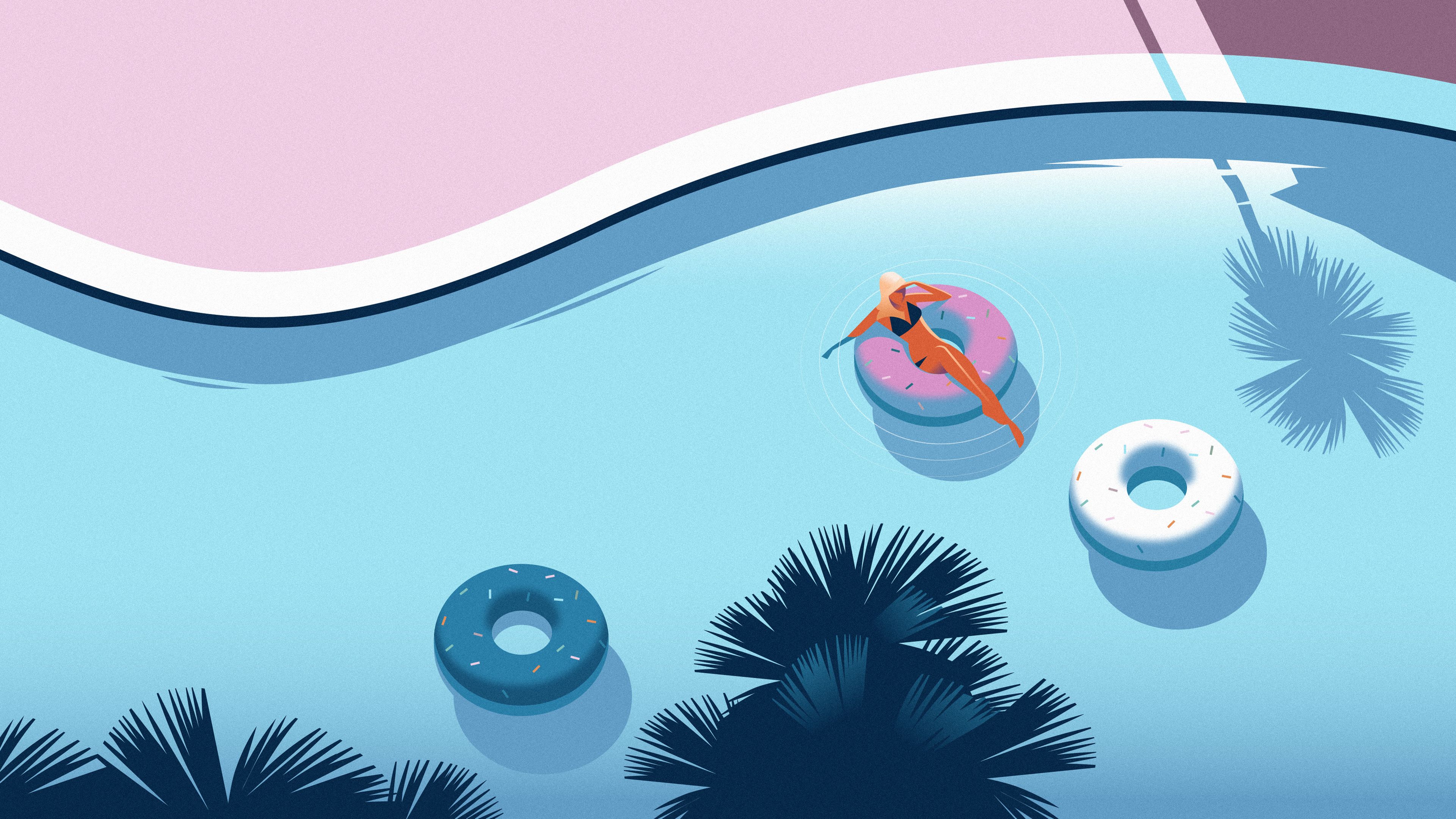 Image wo eine Frau entspannt in einem schwimmenden Donut auf dem Wasser eines Pools treibt
