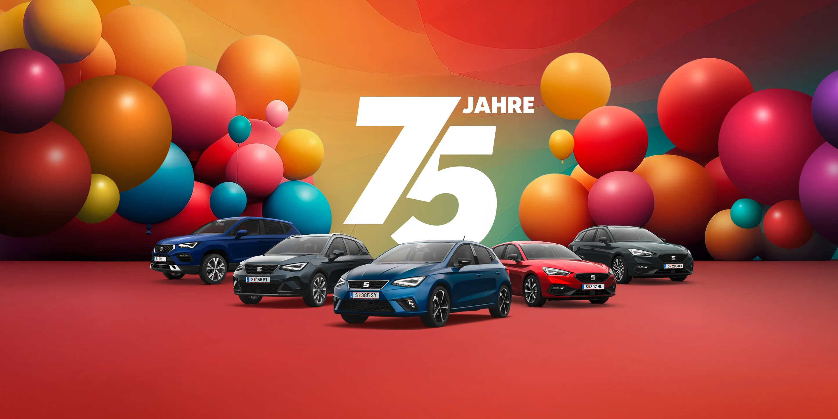 Jubiläumsangebot zum 75-jährigen Bestehen von SEAT – farbenfrohe Luftballons und eine Darstellung aller SEAT Modelle. 