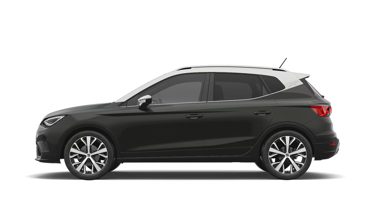 Seitenansicht eines SEAT Arona in schwarz mit weißem Dach.