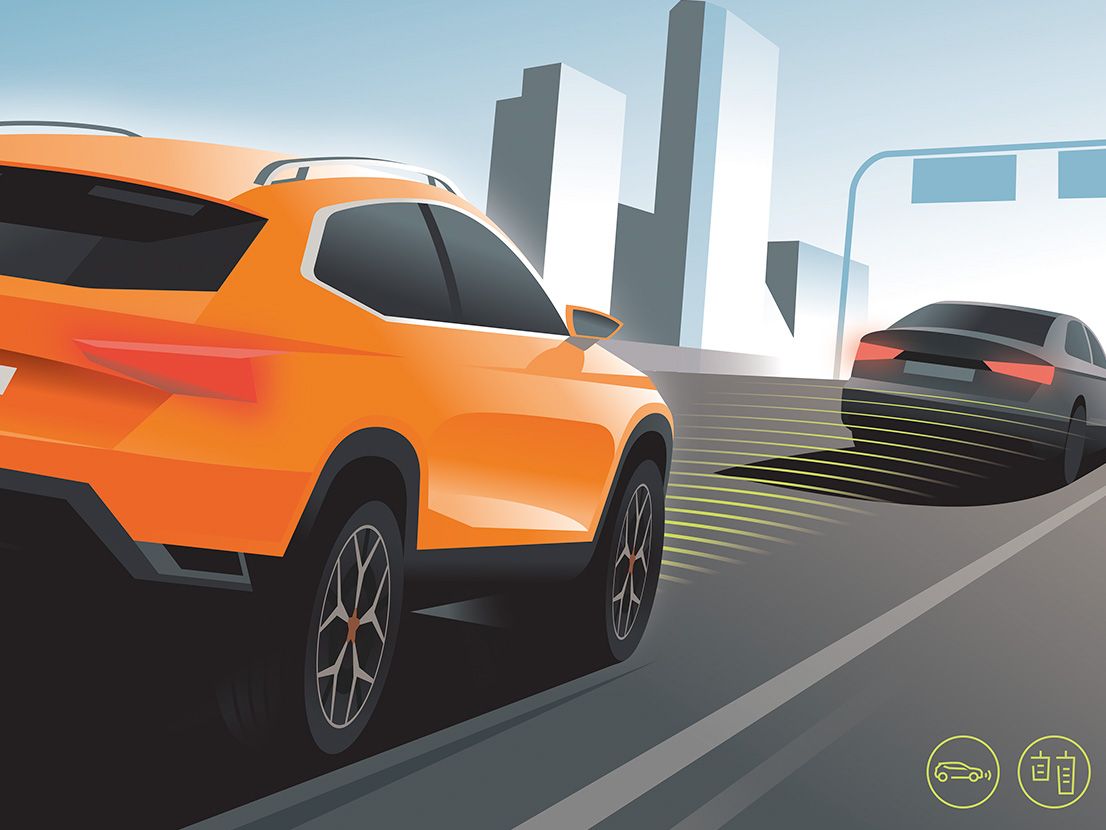 Graphische Darstellung der Funktion von Front Assist im SEAT Ateca.