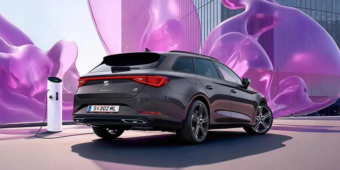 Schräge Heckansicht eines dunkelgrauen SEAT Leon SP Kombi beim Laden an einer Ladesäule vor einem modernen Gebäude mit Glasfronten.