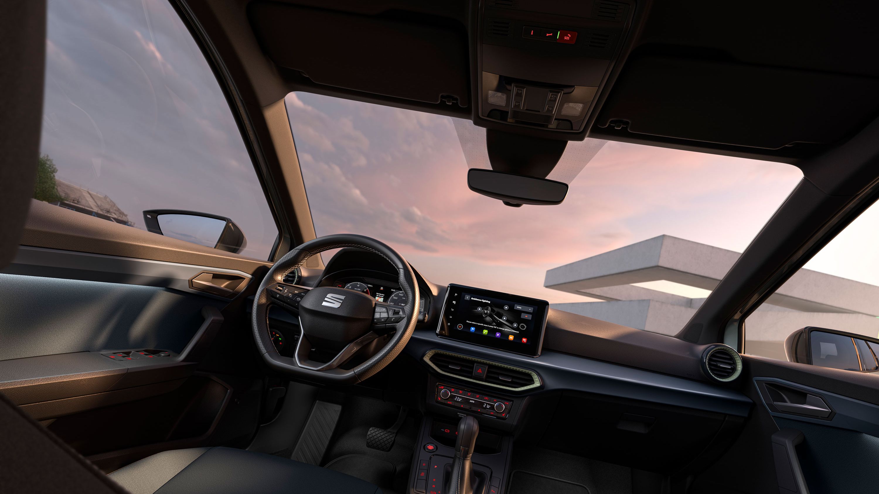 Innenansicht des SEAT Arona mit Design-Details wie Lenkrad, Armaturenbrett und Polsterung