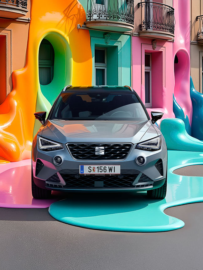 Der SEAT Arona vor einem Haus mit bunten Farben.
