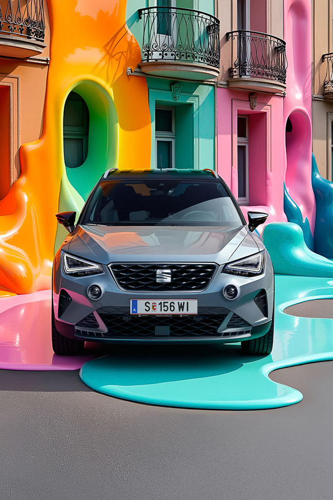 Der SEAT Arona vor einem Haus mit bunten Farben.