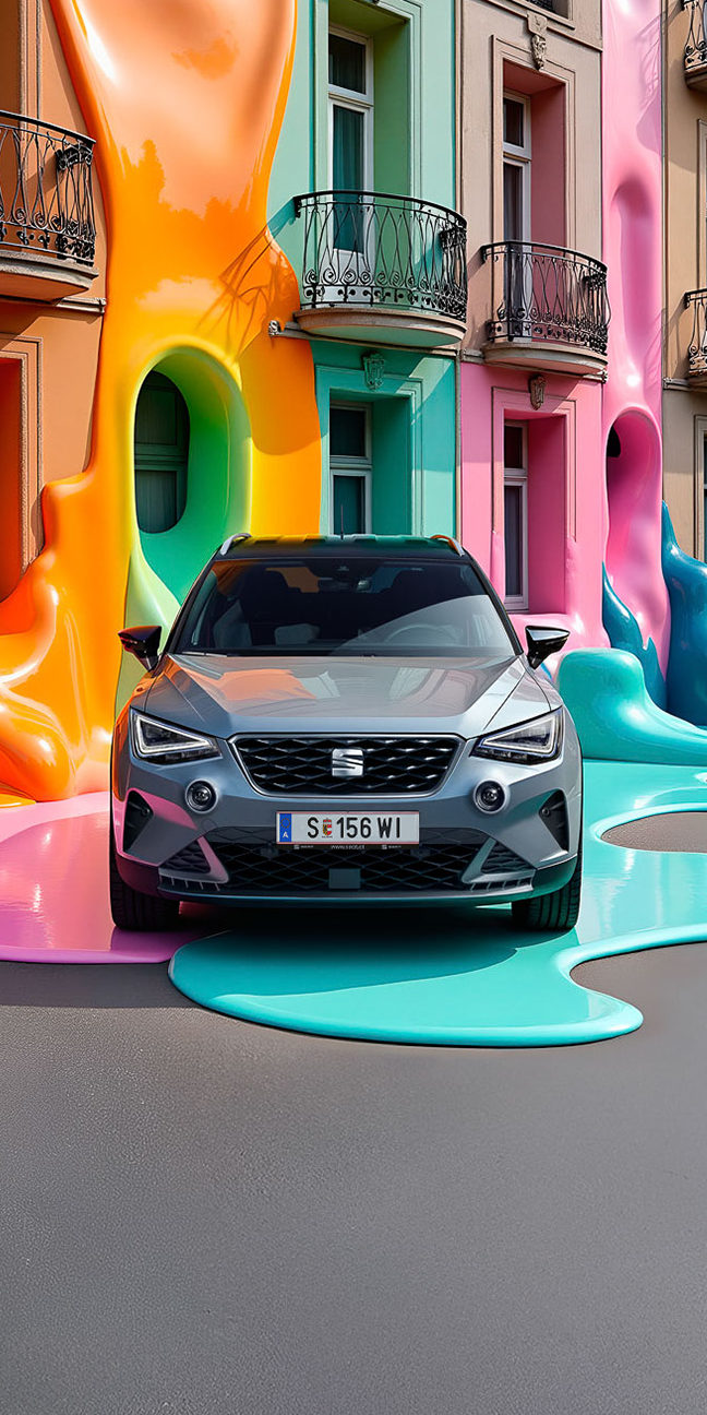 Der SEAT Arona vor einem Haus mit bunten Farben.