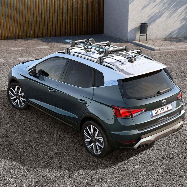 Ein grauer SEAT Arona mit weißem Dach und montiertem Skiträger.
