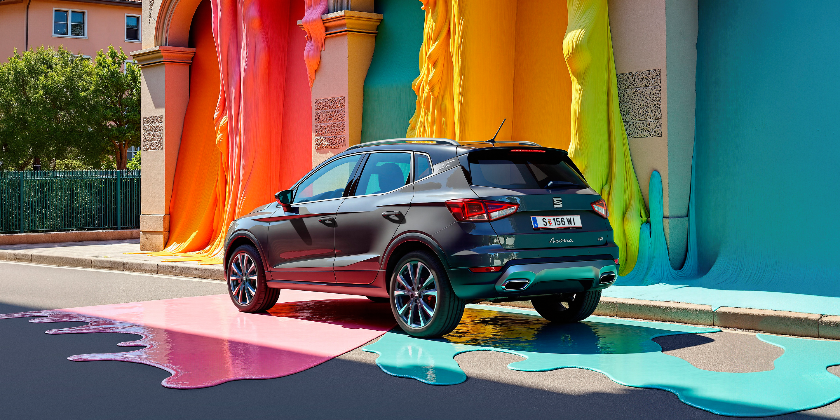 SEAT Arona Seitenansicht mit Haus und bunter Farbe im Hintergrund