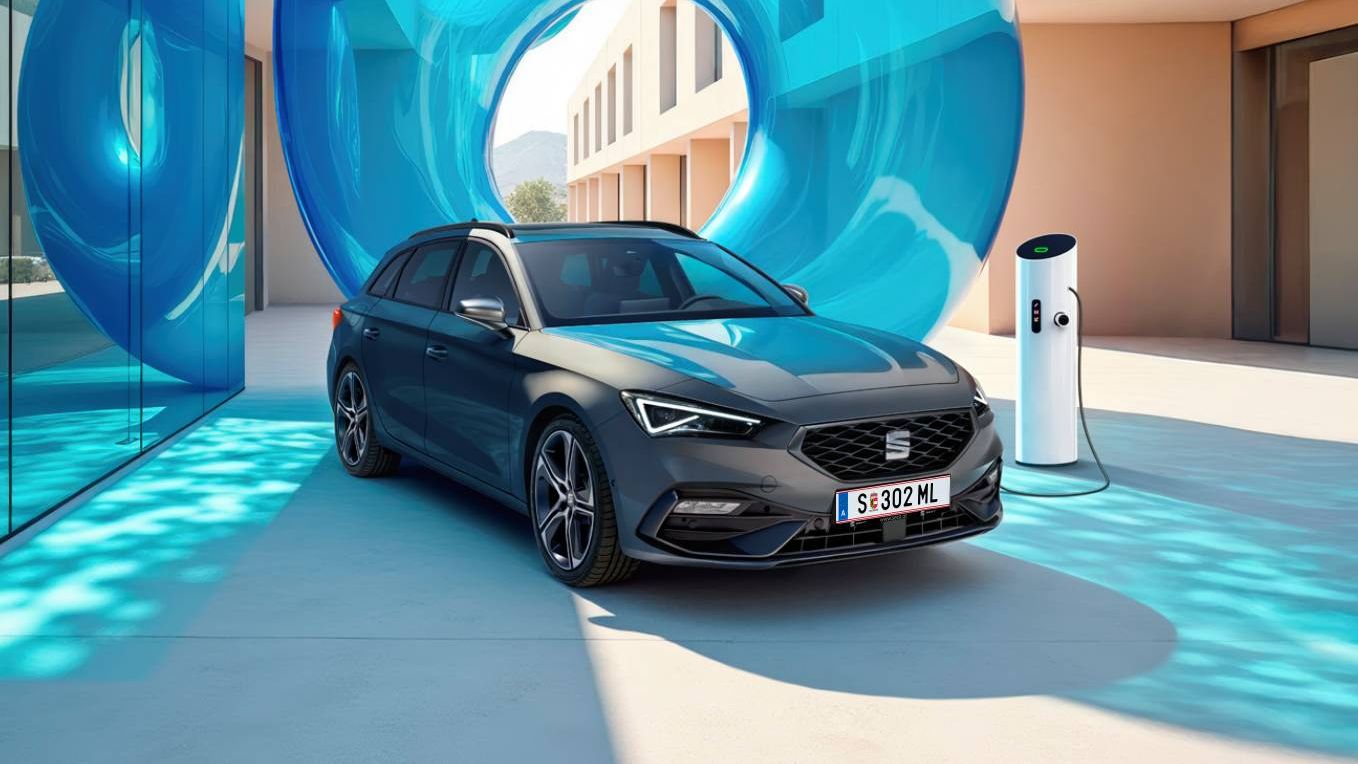 Der SEAT Leon Kombi beim Laden mit Ladesäule und blauen Ballons dahinter