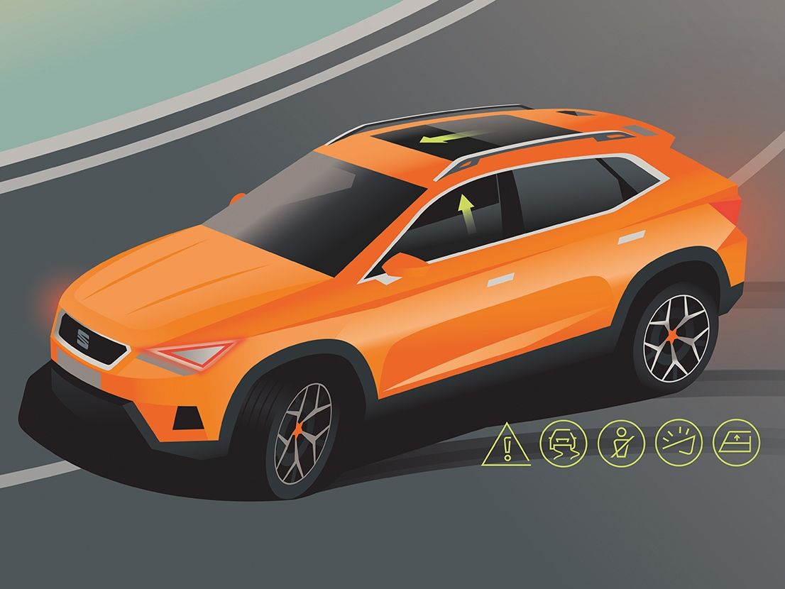 Graphische Darstellung der Funktion des Pre-Crash Assistenten  beim SEAT Leon.