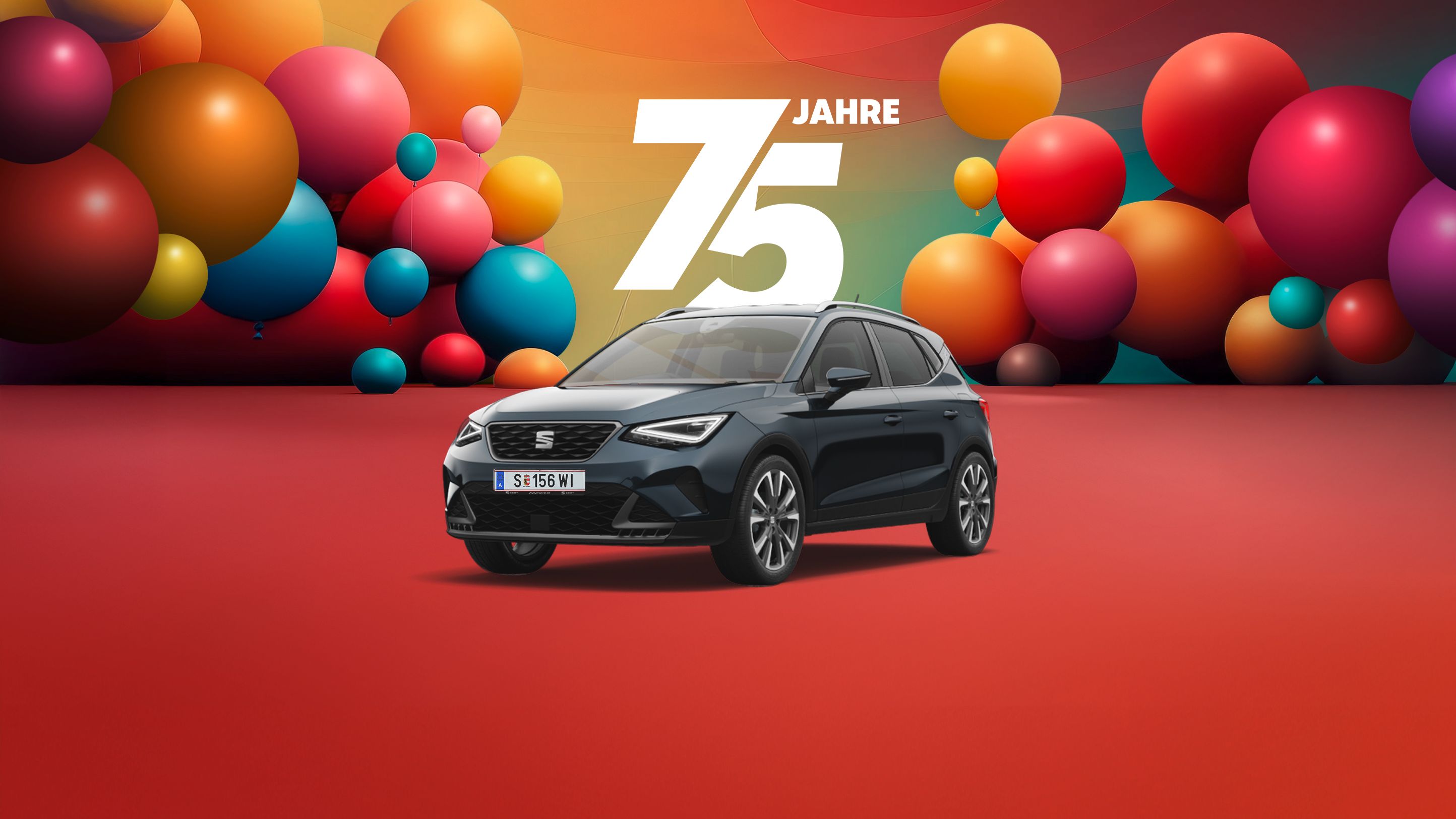 Jubiläumsangebot zum 75-jährigen Bestehen von einem fjord blauen SEAT Arona – farbenfrohe Luftballons und eine Darstellung