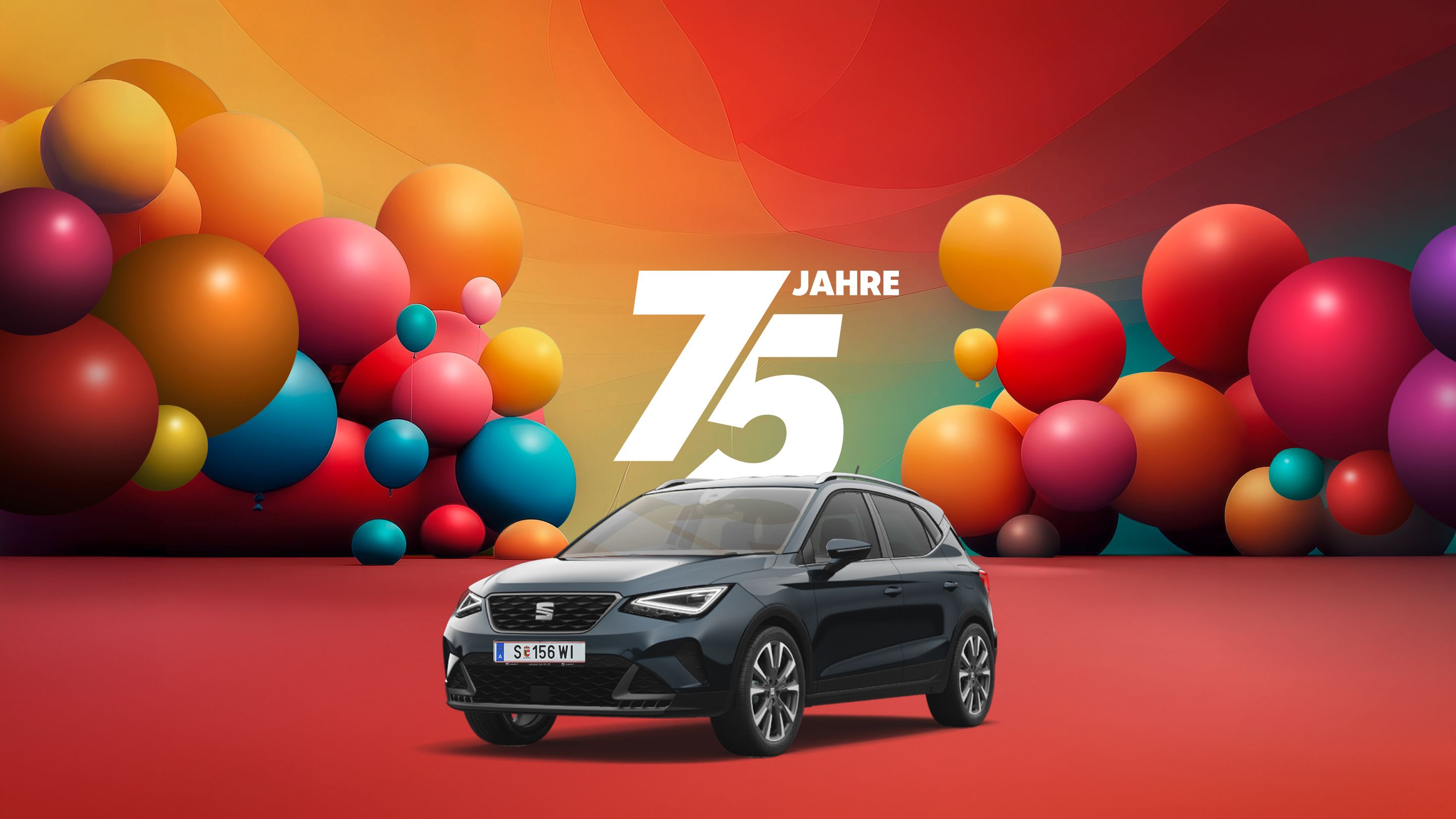Jubiläumsangebot zum 75-jährigen Bestehen von einem fjord blauen SEAT Arona – farbenfrohe Luftballons und eine Darstellung