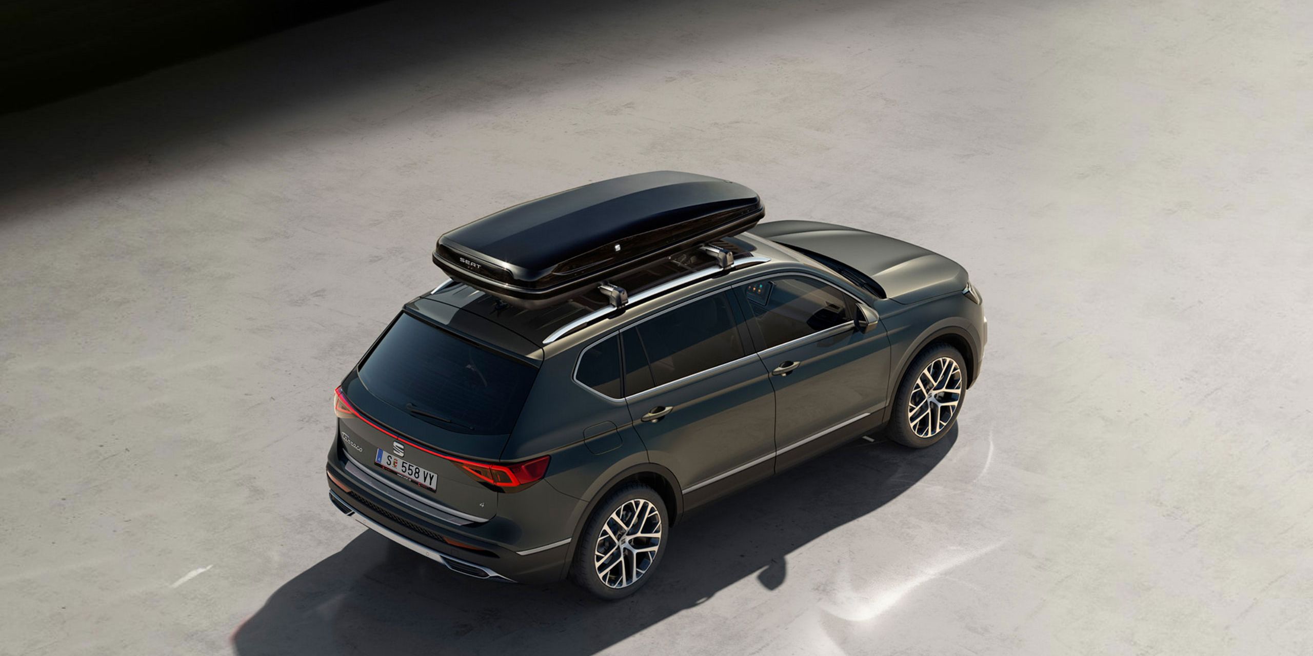 Ein grüner SEAT Tarraco mit einer schwarzen Dachbox auf dem Dach.