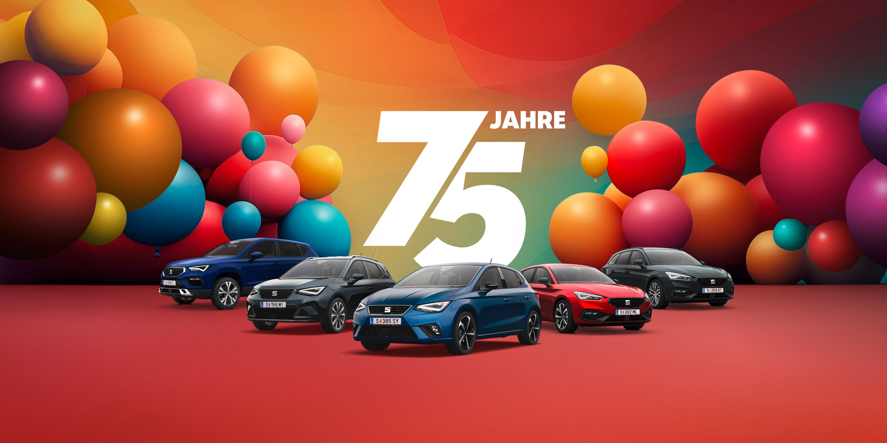 Jubiläumsangebot zum 75-jährigen Bestehen von SEAT – farbenfrohe Luftballons und eine Darstellung aller SEAT Modelle. 