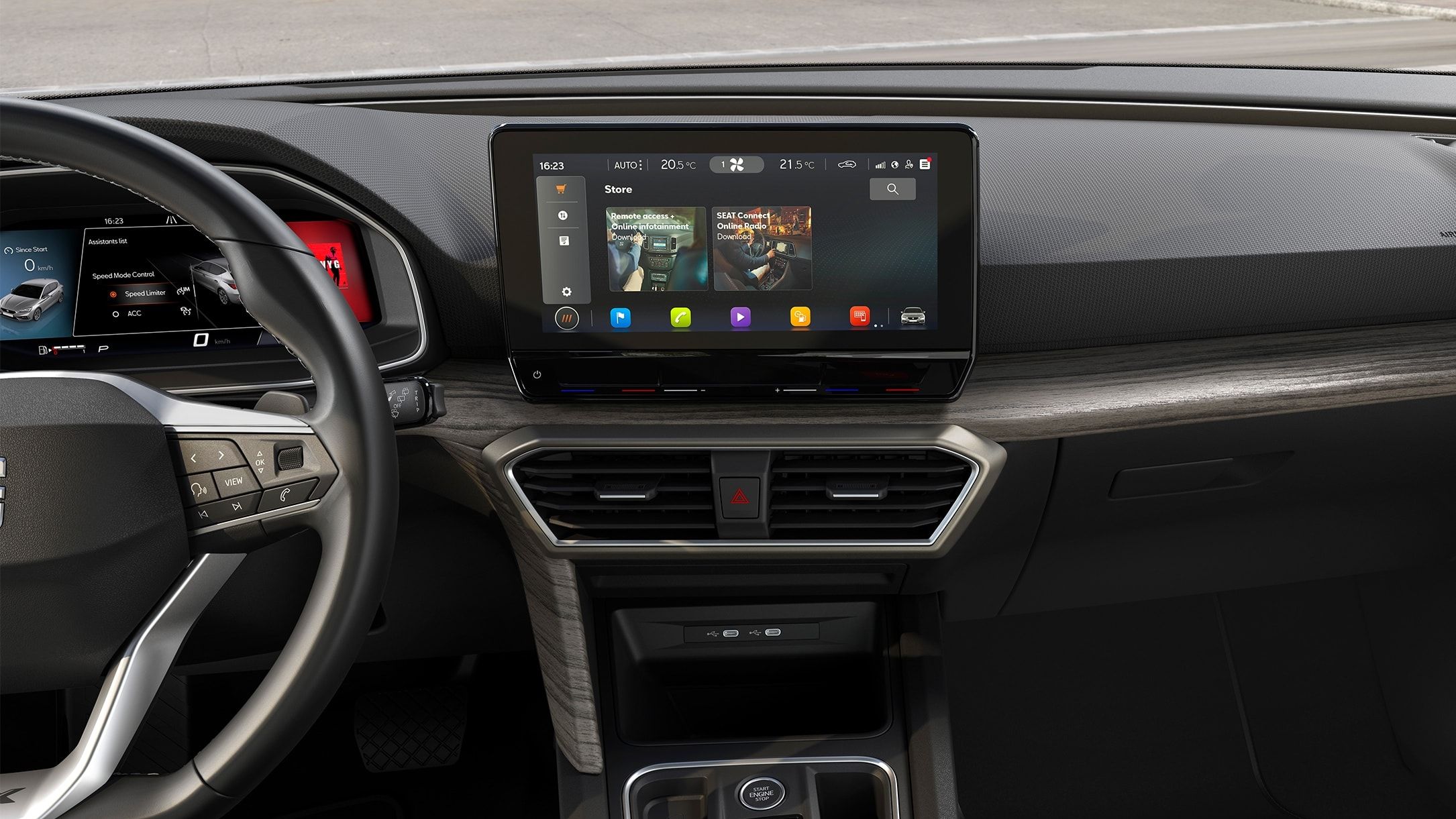 Der neue SEAT Leon Sportstourer mit Fokus auf das zentrale Navigationsdisplay im Innenraum