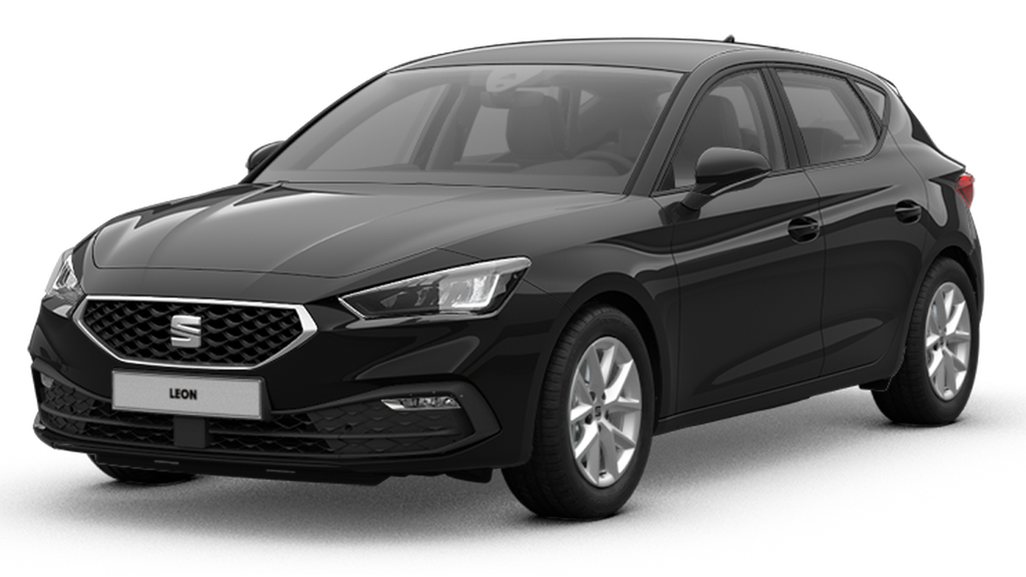 SEAT Leon Edition Style in schwarz schräge Frontansicht.