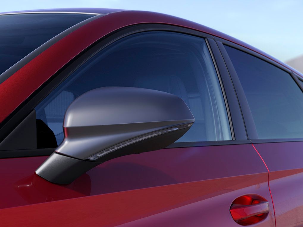 Seitenansicht eines roten SEAT Leon 5 Türers, geparkt in einer sonnigen Umgebung im Freien, die die Außendetails des FR-Pakets betont.