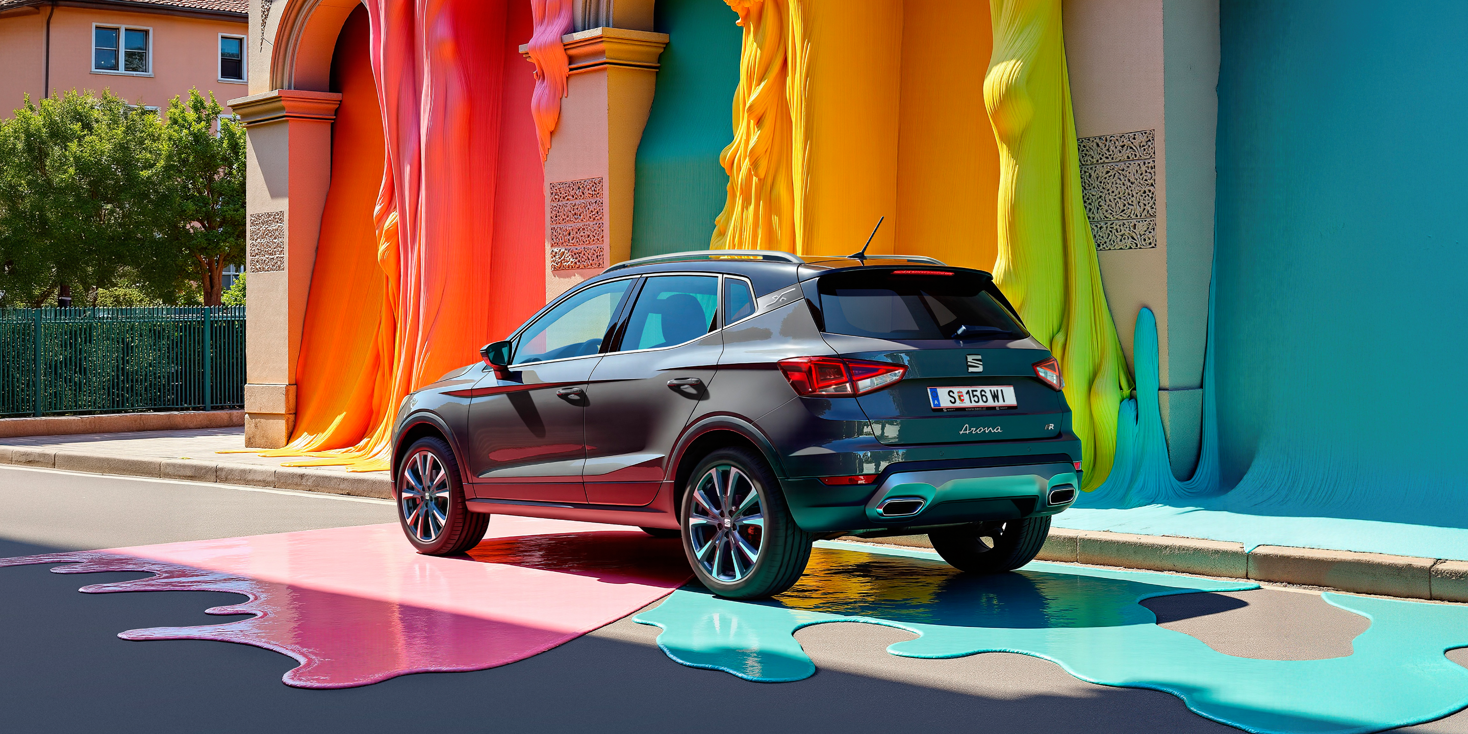 SEAT Arona Seitenansicht mit Haus und bunter Farbe im Hintergrund