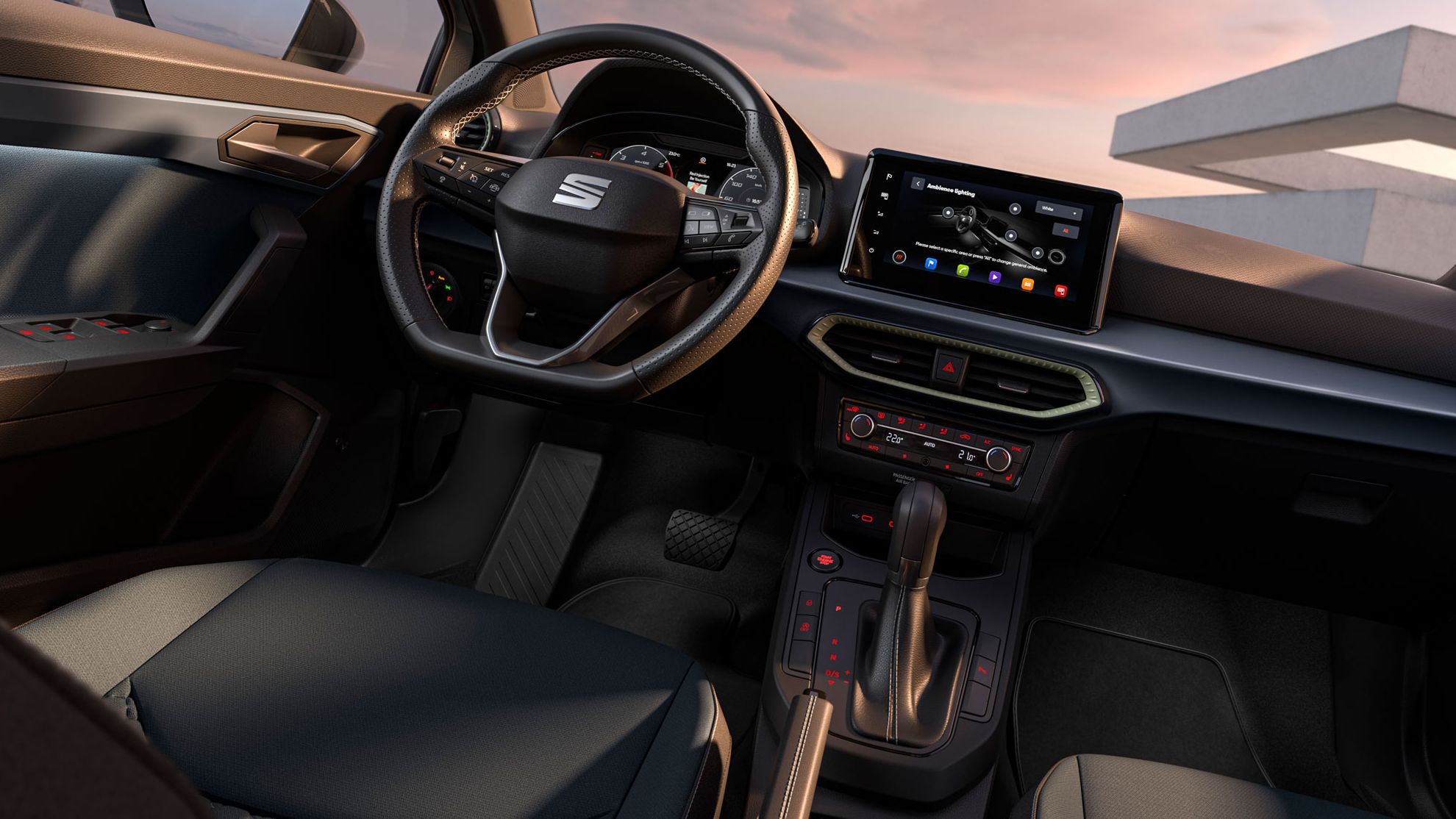 Innenansicht des SEAT Arona mit Design-Details wie Lenkrad, Armaturenbrett und Polsterung