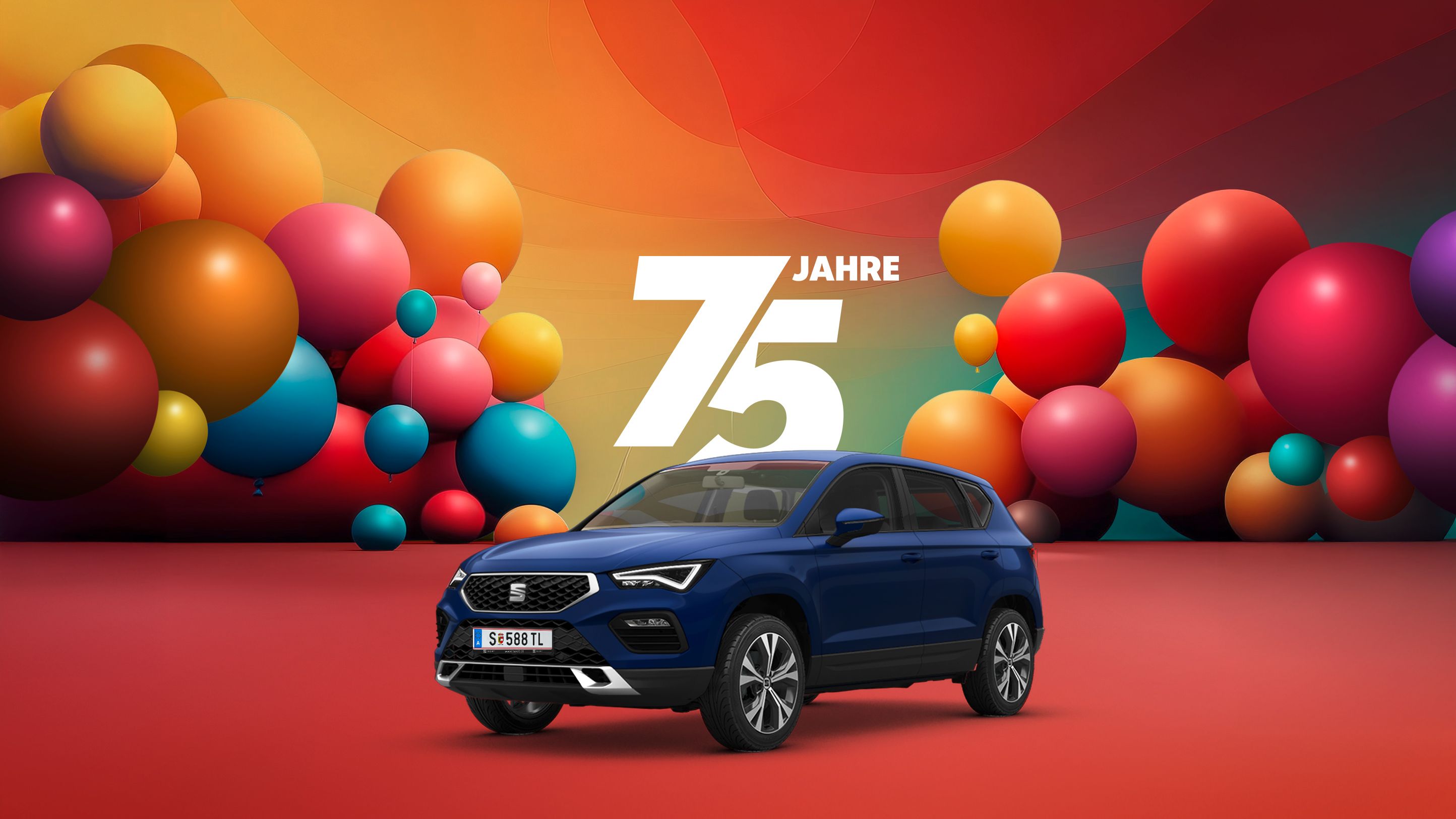 Jubiläumsangebot zum 75-jährigen Bestehen – farbenfrohe Luftballons und eine Darstellung von einem blauen SEAT Ateca