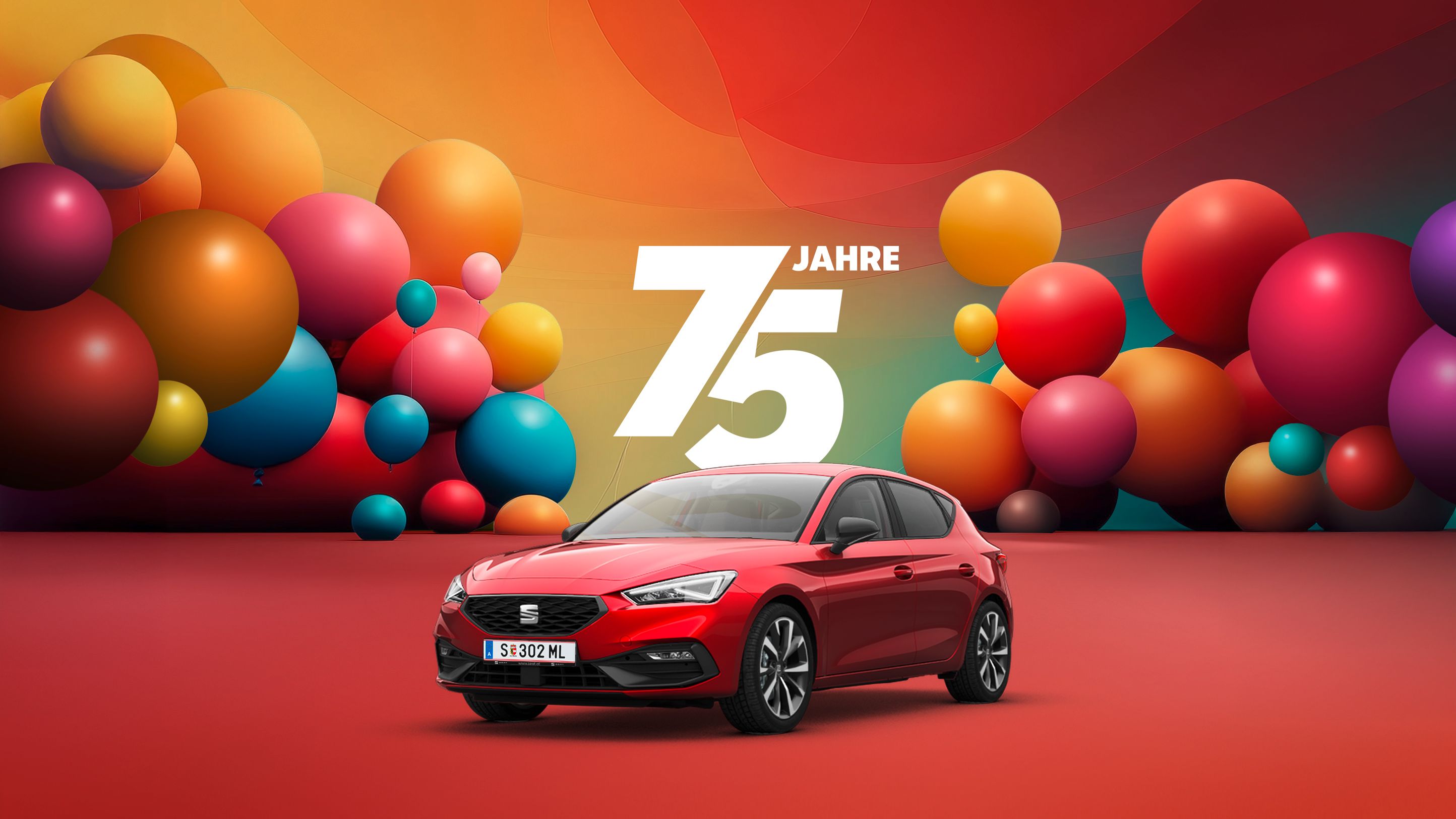 Jubiläumsangebot zum 75-jährigen Bestehen – farbenfrohe Luftballons und eine Darstellung von einem roten SEAT Leon
