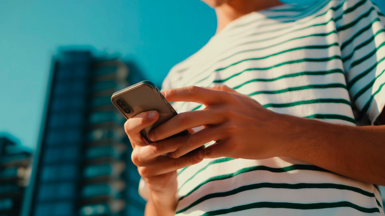 Mann in gestreiftem Tshirt tippt am Handy