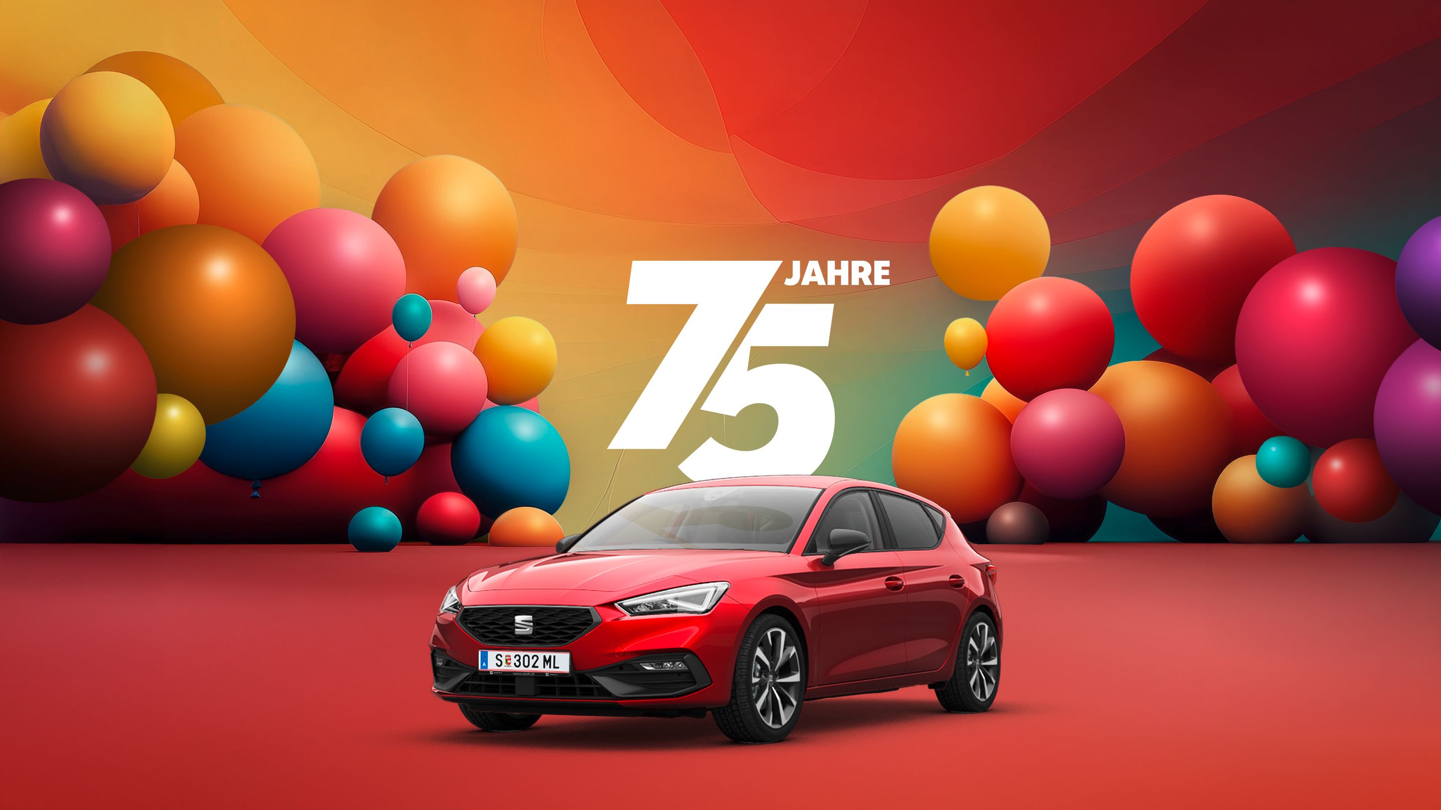 Jubiläumsangebot zum 75-jährigen Bestehen – farbenfrohe Luftballons und eine Darstellung von einem roten SEAT Leon