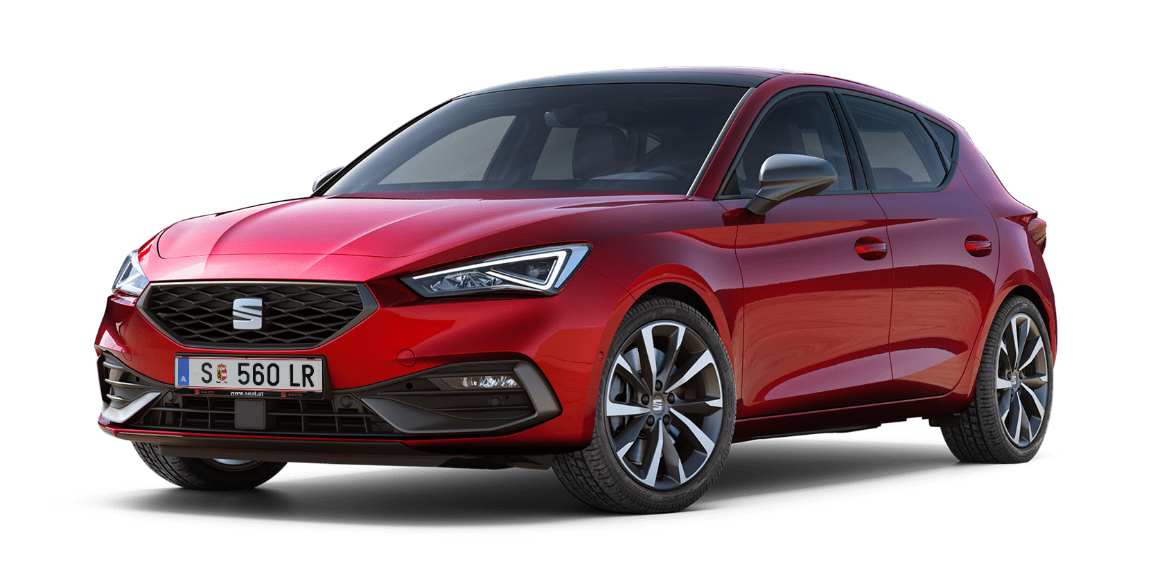 Schräge Frontansicht SEAT Leon 5-Türer FR in Desire Red.
