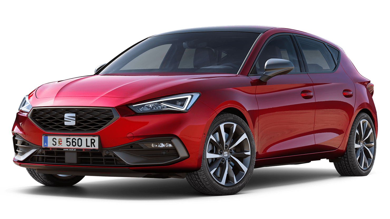 Schräge Frontansicht SEAT Leon 5-Türer FR in Desire Red.