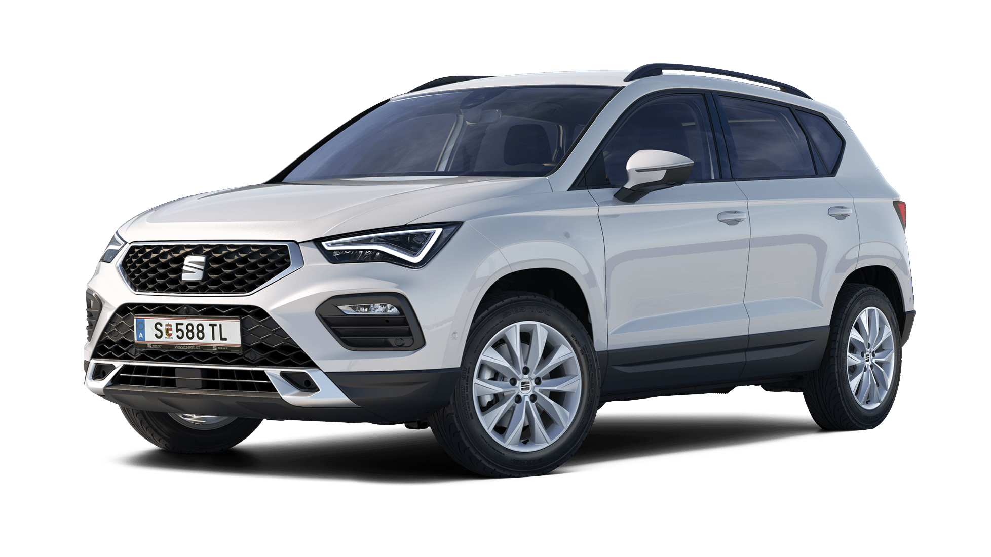 SEAT Ateca in hellgrau schräge Frontansicht.
