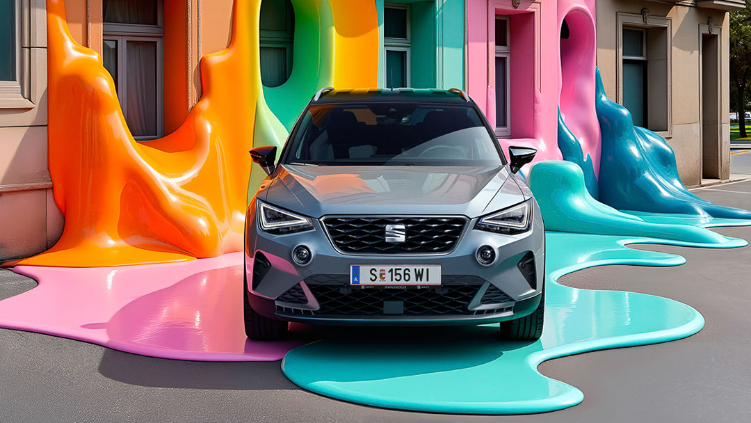 SEAT Arona Frontansicht mit Haus und bunter Farbe im Hintergrund.