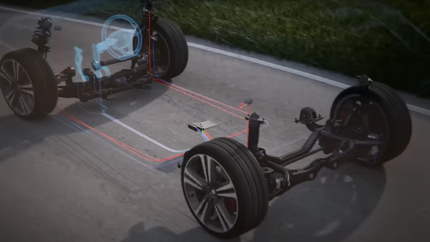 Darstellung der adaptiven Fahrwerksregelung DCC durch Vorder- und Hinterachse mit entsprechenden Reifen und farblichen Markierungen um die Funktionsweise zu verdeutlichen..