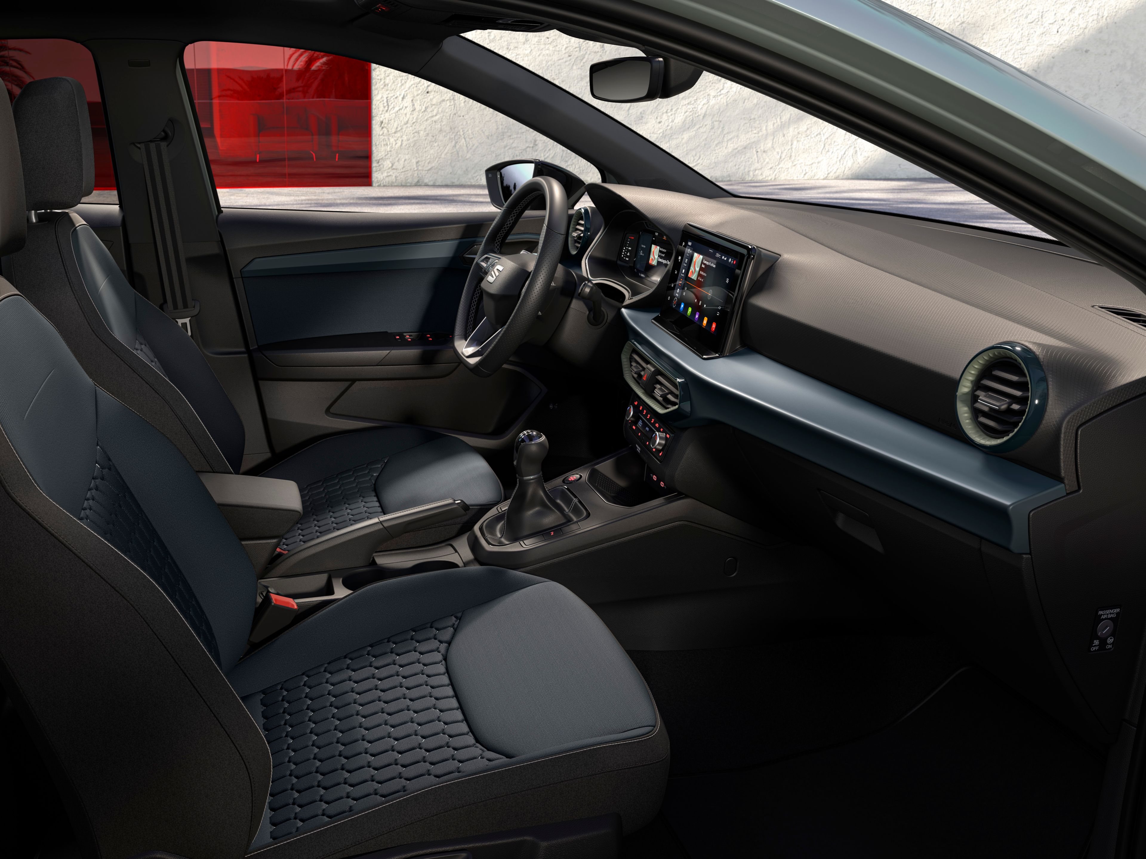 Innenraumdetails des SEAT Ibiza, inklusive geprägter Standardsitze für Style in AURORA.