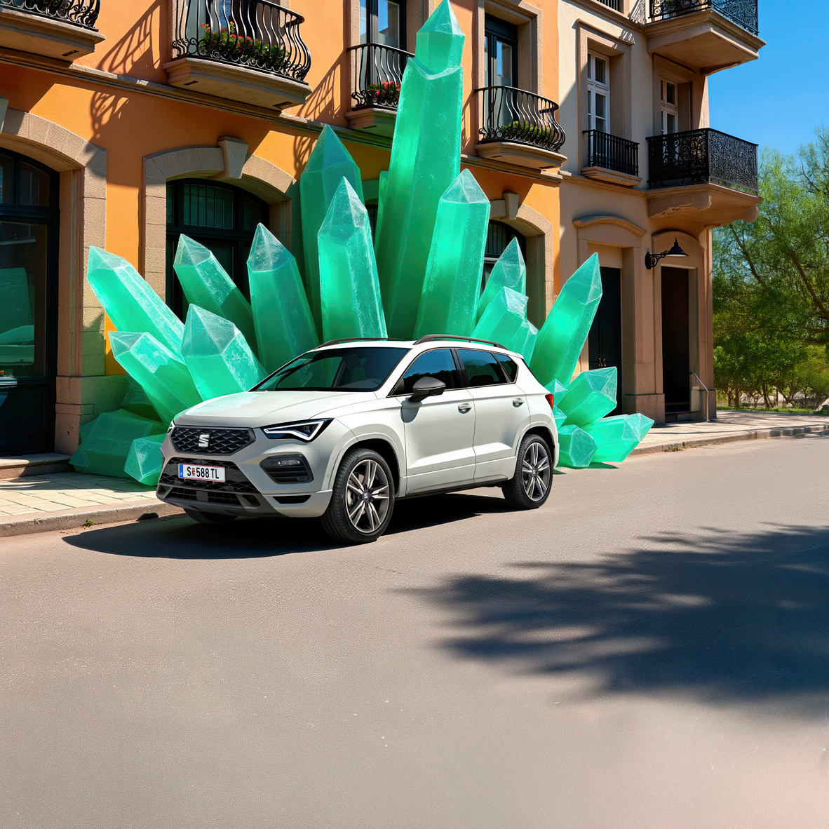 Der SEAT Ateca Seitenansicht in weiß vor grünen Kristallen und Gebäude im Hintergrund.