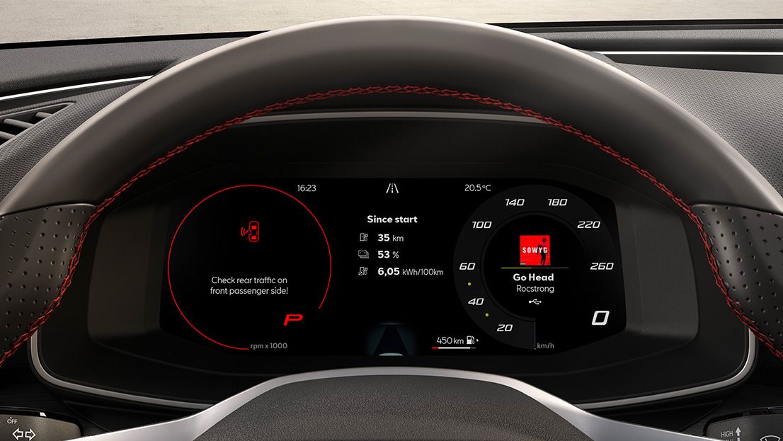 Digitales Cockpit im SEAT Leon mit integriertem Exit Assist (Ausstiegswarnung)
