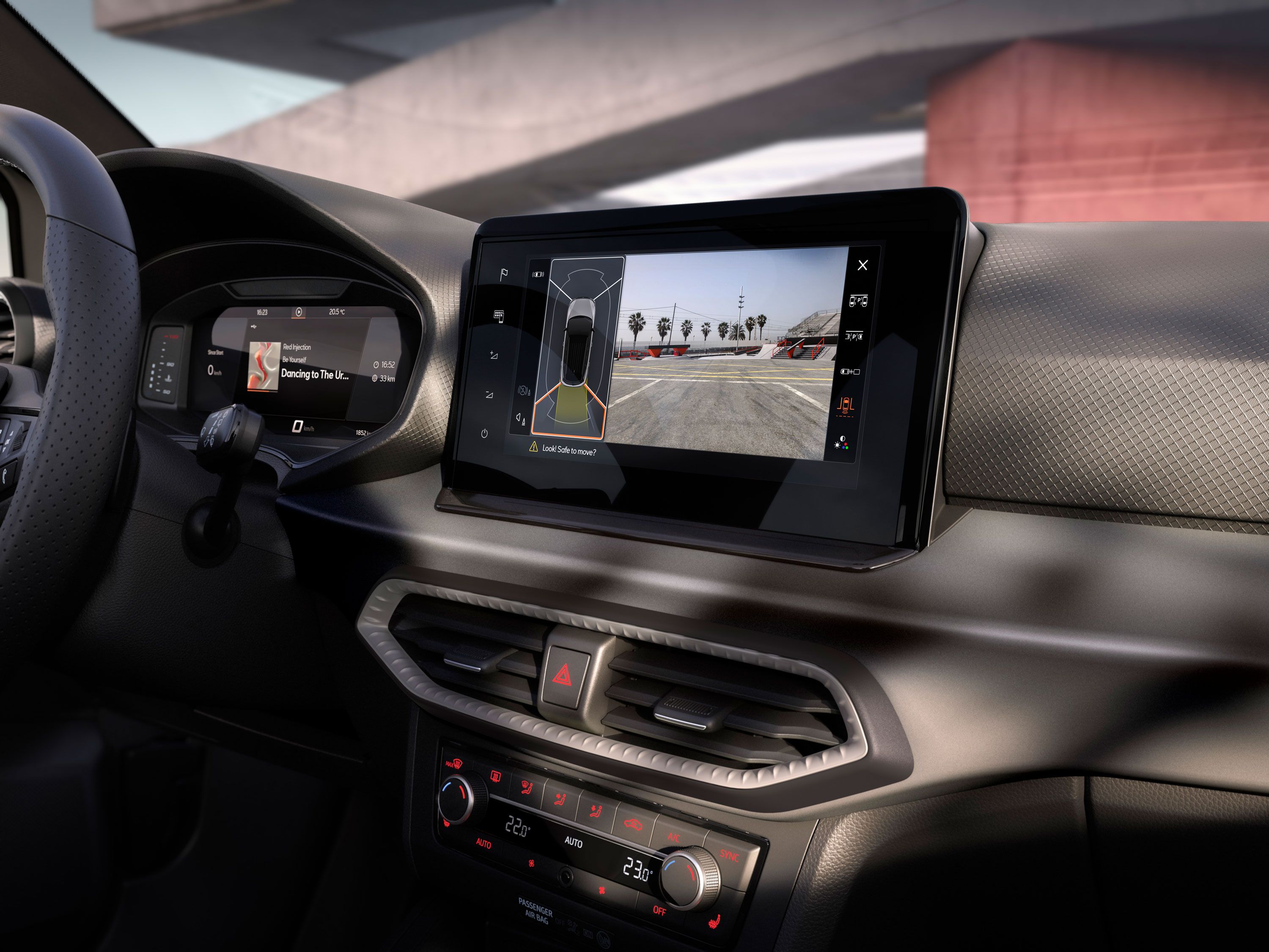 Touchscreen des SEAT Ibiza zur Steuerung der Funktionen aus dem Vision Pack +, wie der Park Distance Control vorne.