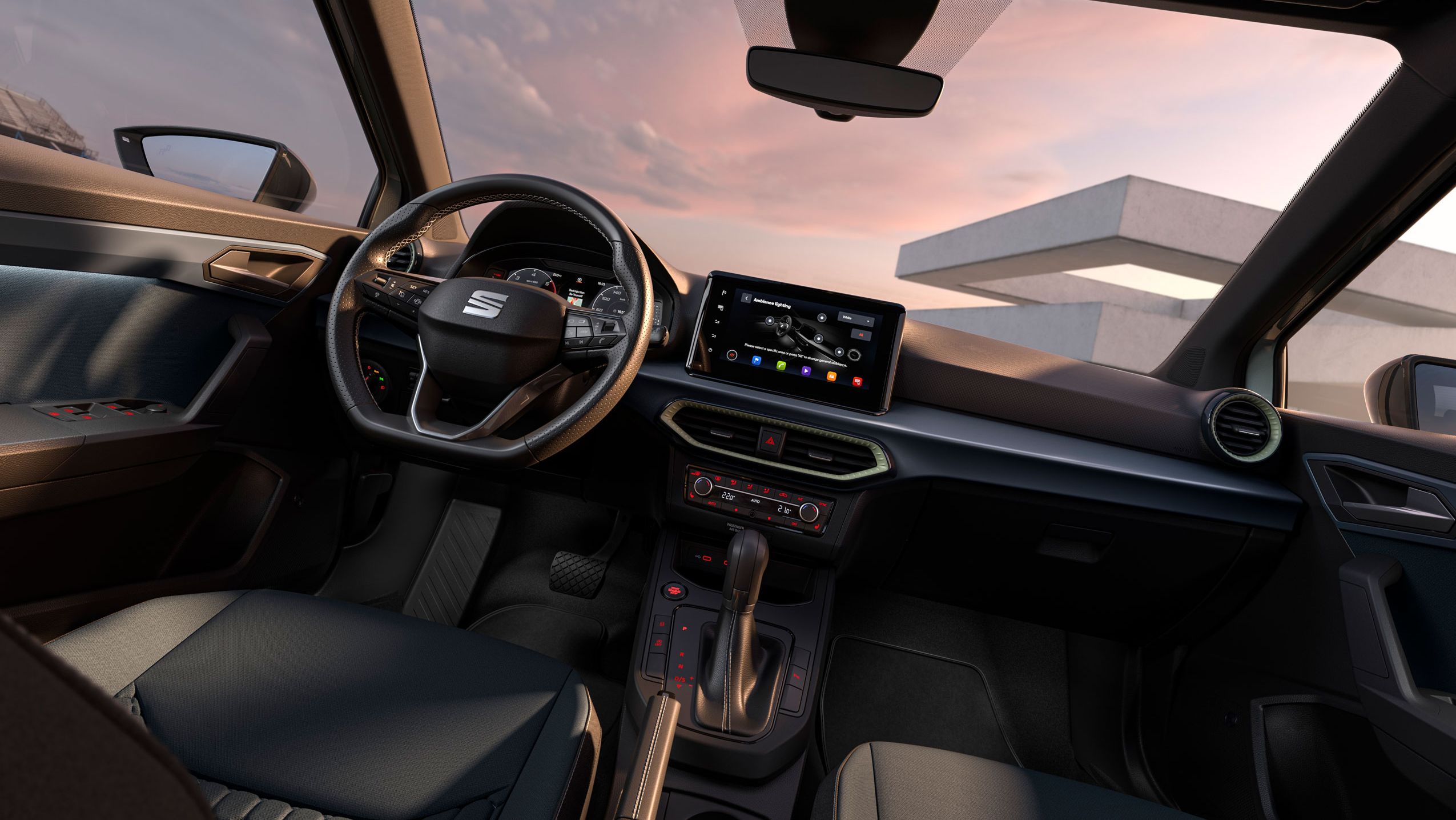 Innenansicht des SEAT Arona mit Design-Details wie Lenkrad, Armaturenbrett und Polsterung