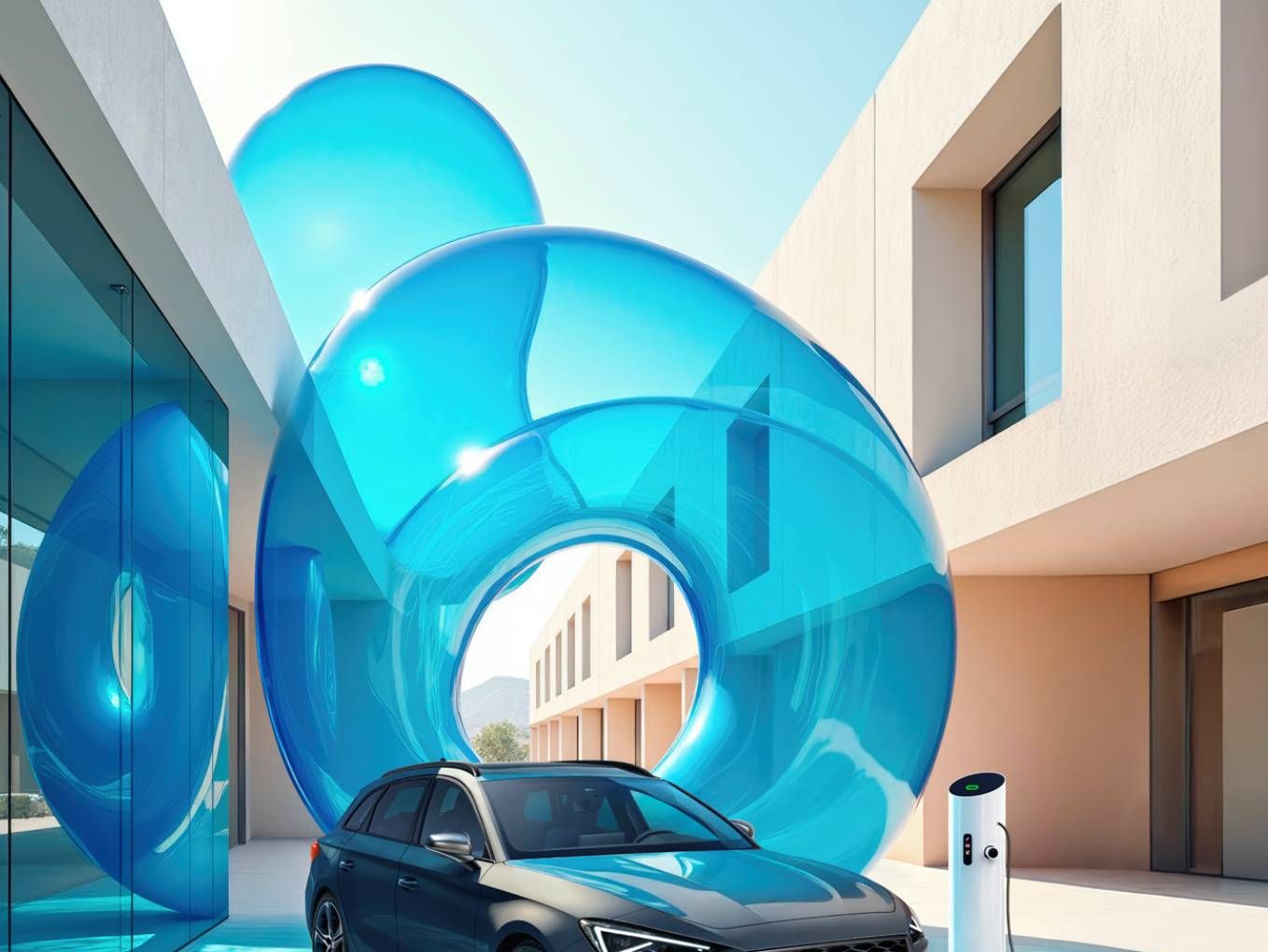 Der SEAT Leon Kombi beim Laden mit Ladesäule und blauen Ballons dahinter