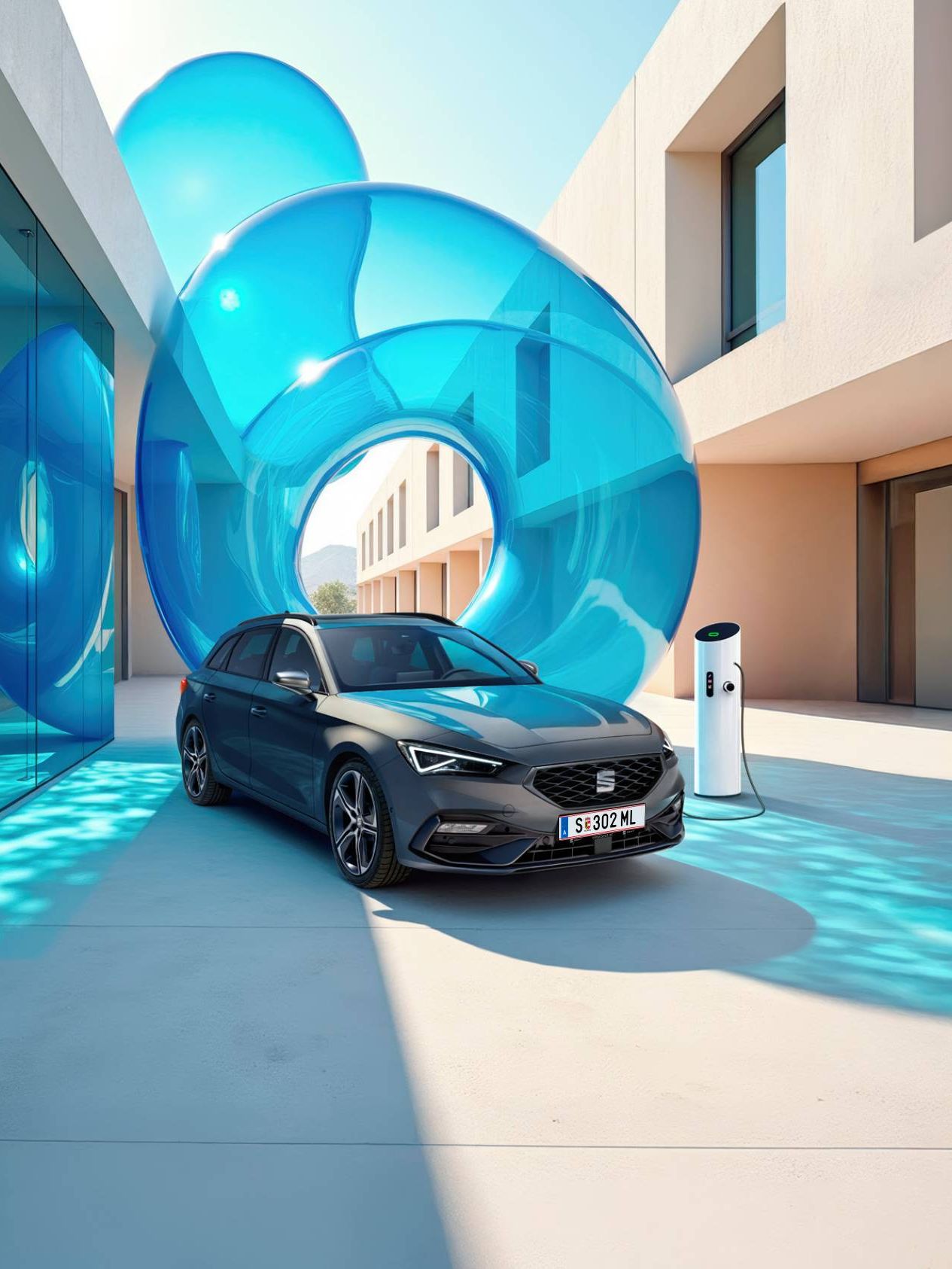 Der SEAT Leon Kombi beim Laden mit Ladesäule und blauen Ballons dahinter