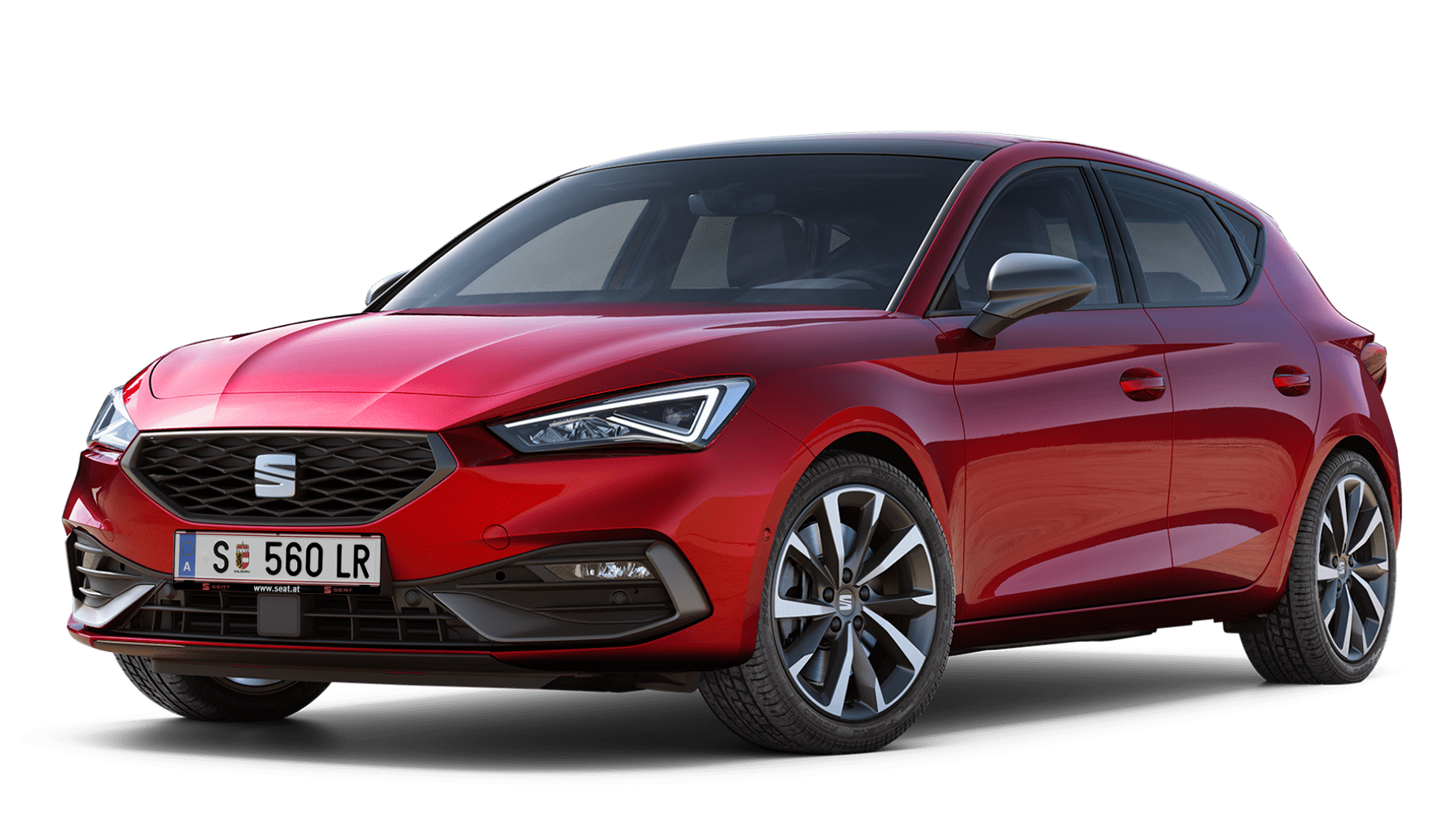 Schräge Frontansicht SEAT Leon 5-Türer FR in Desire Red.