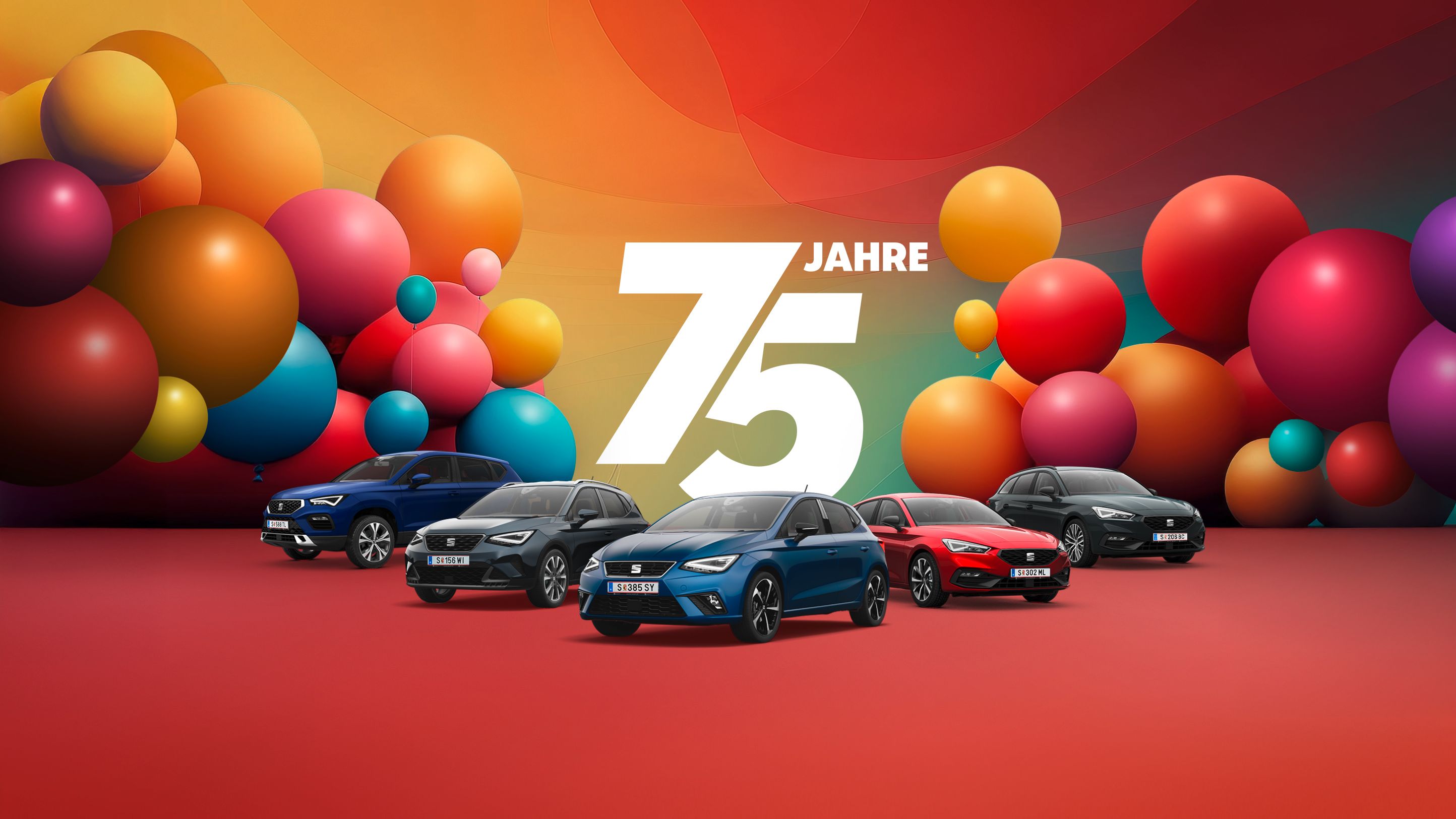 Jubiläumsangebot zum 75-jährigen Bestehen von SEAT – farbenfrohe Luftballons und eine Darstellung aller SEAT Modelle. 