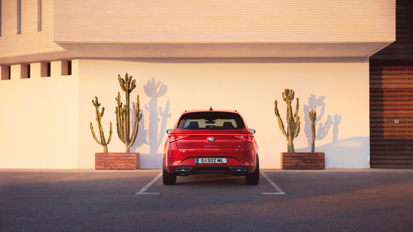 Ein SEAT Leon NF steht zwischen zwei Kakteen auf einem Parkplatz im Abendrot.