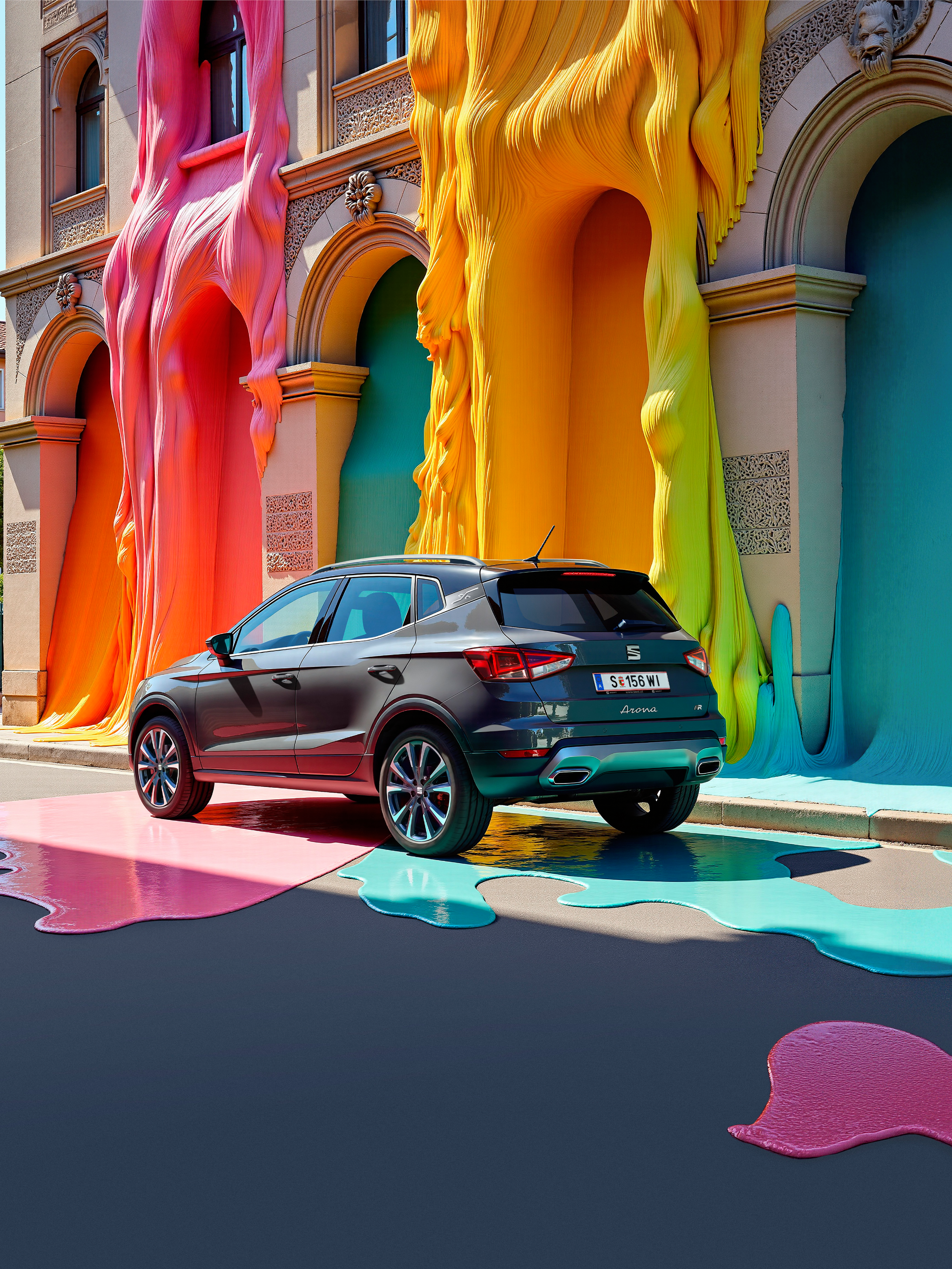 SEAT Arona Seitenansicht mit Haus und bunter Farbe im Hintergrund