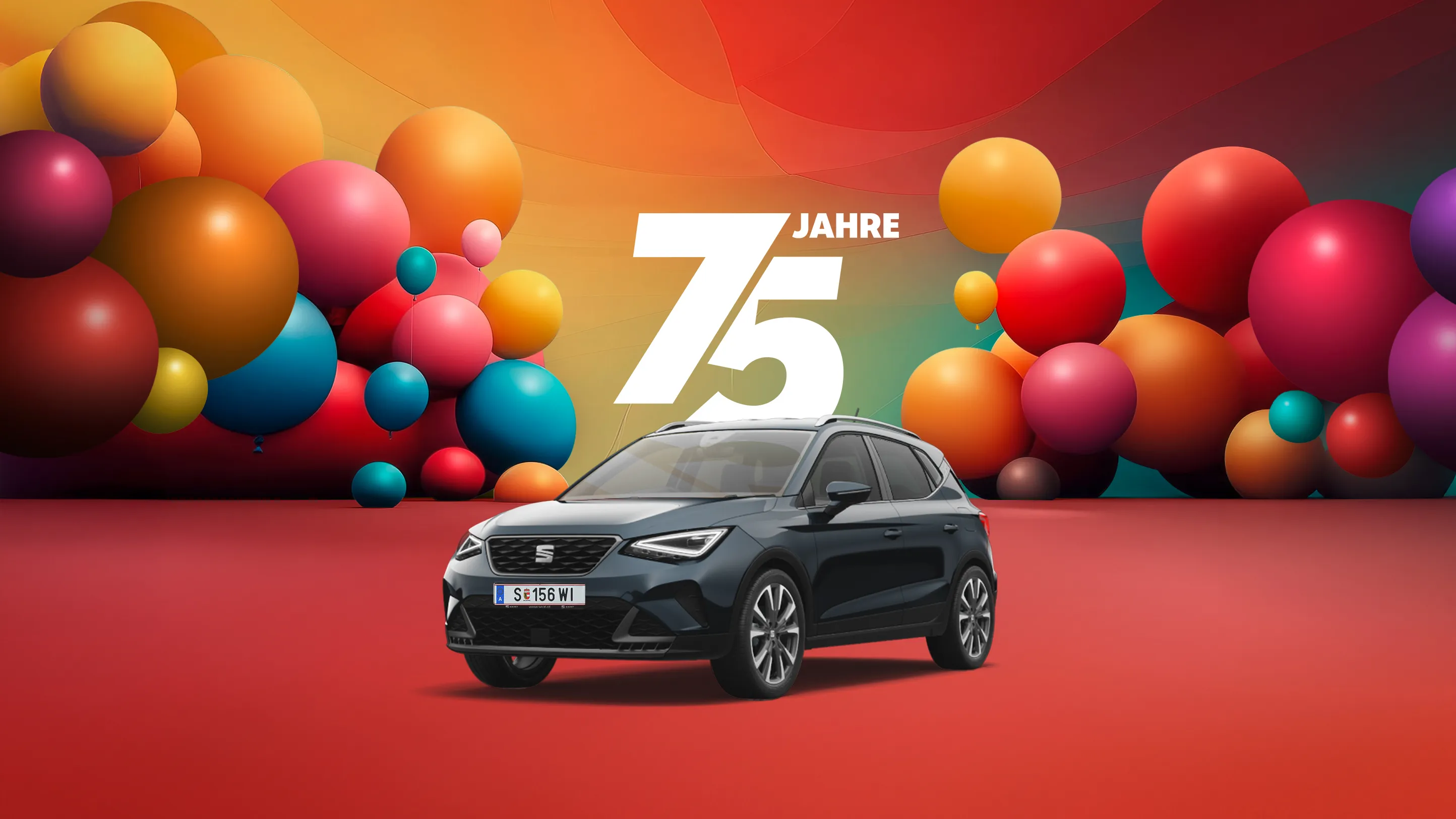 Jubiläumsangebot zum 75-jährigen Bestehen von einem fjord blauen SEAT Arona – farbenfrohe Luftballons und eine Darstellung