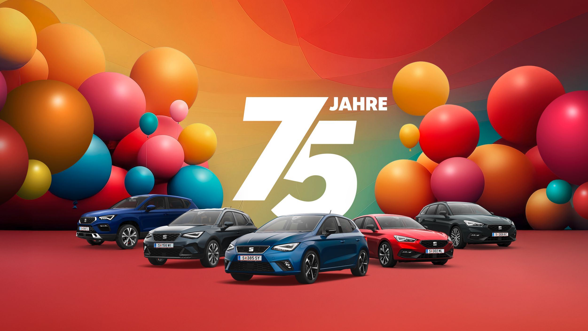 Jubiläumsangebot zum 75-jährigen Bestehen von SEAT – farbenfrohe Luftballons und eine Darstellung aller SEAT Modelle. 